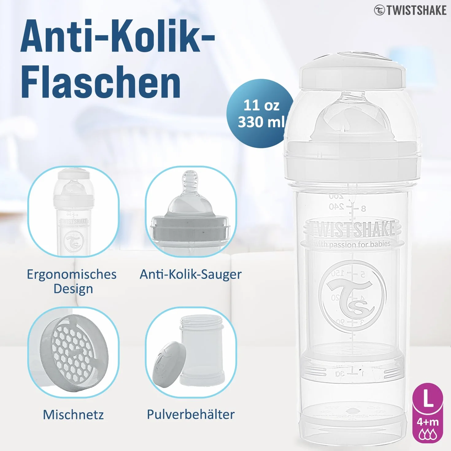 Twistshake Antykoliczna Butelka dla Niemowląt 330 ML, z Duży Przepływ Silikon Smoczki dla Dzieci 4+ Miesięcy, Dozownik Mleka w Proszku, Biały