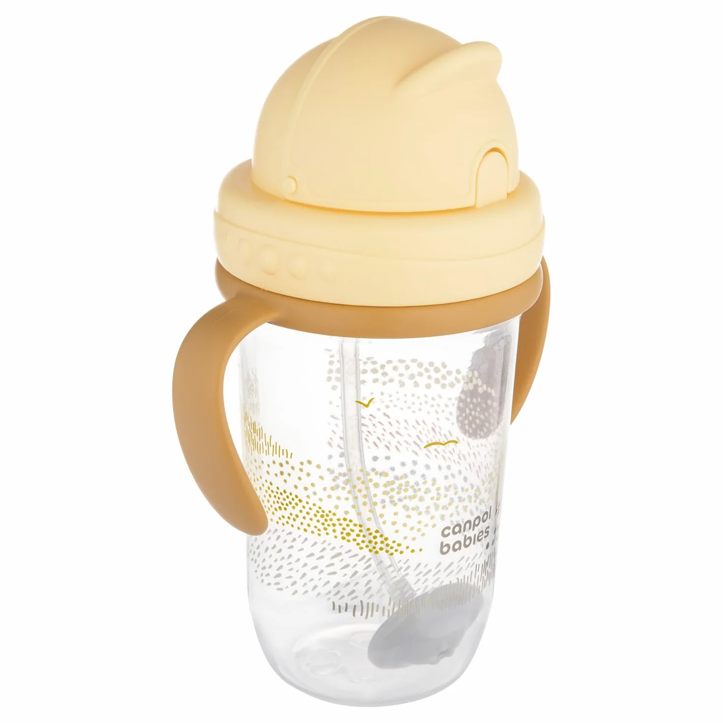 Canpol babies Kubek niekapek z rurką i odważnikiem 270 ml, 6m+, Picie pod każdym kątem, Niekapiąca miękka silikonowa rurka, Szczelna pokrywka (Żółty MOUNTAINS)