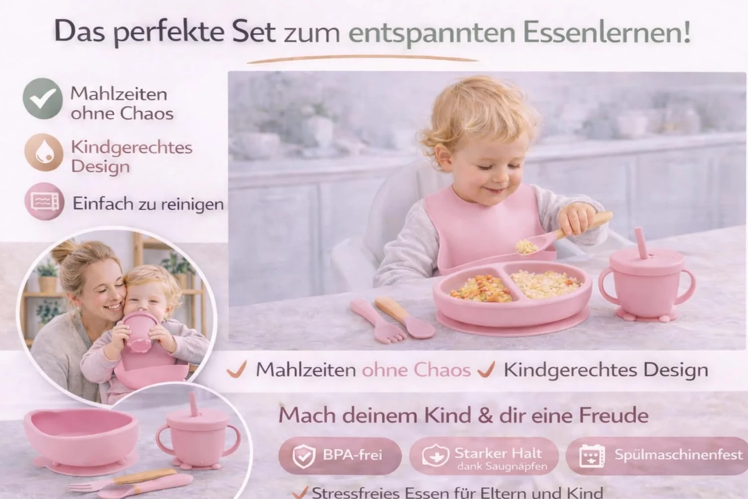 Eliano 6-częściowy zestaw silikonowy dla niemowląt – antypoślizgowy talerz, miska, kubek ze słomką, widelec, łyżka, fartuch – nadaje się do mycia w zmywarce, nie zawiera BPA, nadaje się do