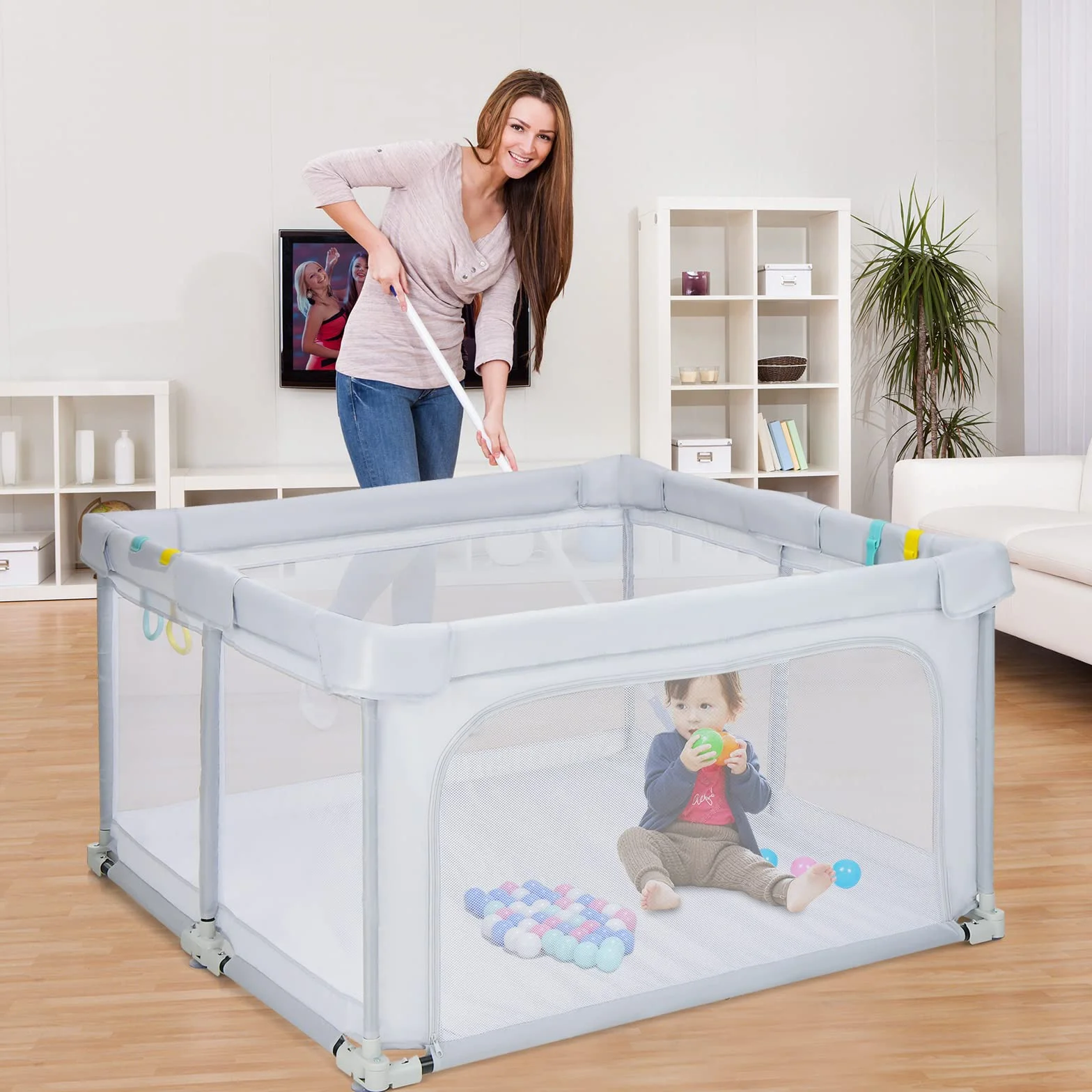 COSTWAY 124 x 124 cm Kojec dla niemowląt składany, przenośny kojec z 50 piłkami, 4 uchwytami, funkcją blokady, kratka do raczkowania z siatkowymi ściankami i drzwiczkami, koc raczkujący dla niemowląt