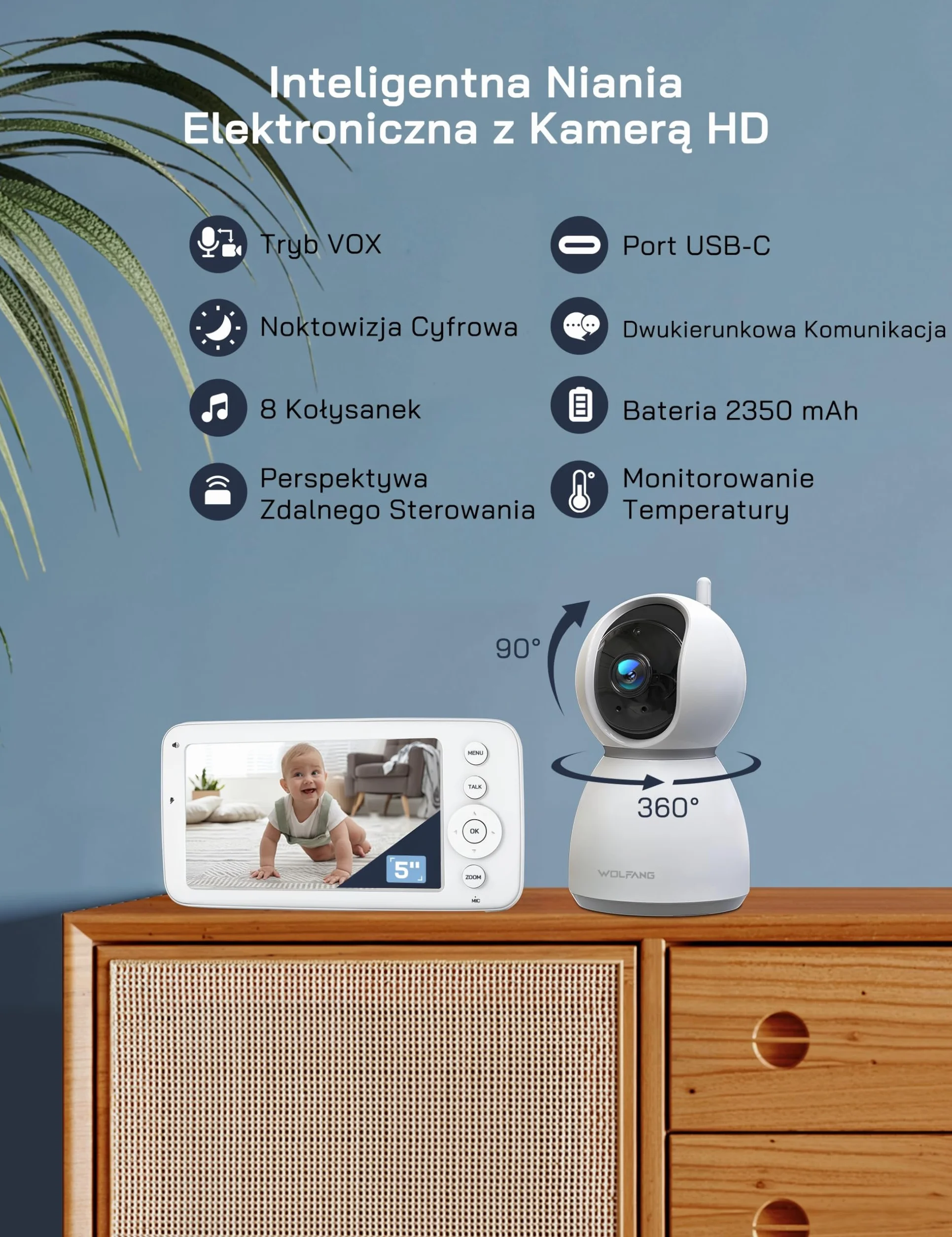 WOLFANG WB03 Baby Monitor 5" 720P z 10-godzinną baterią, kamera 1080P z noktowizorem i 2-krotnym zoomem cyfrowym, monitor wideo Pan-Tilt-Zoom bez WiFi, 2-drożna rozmowa, temperatura, 8 kołysanek
