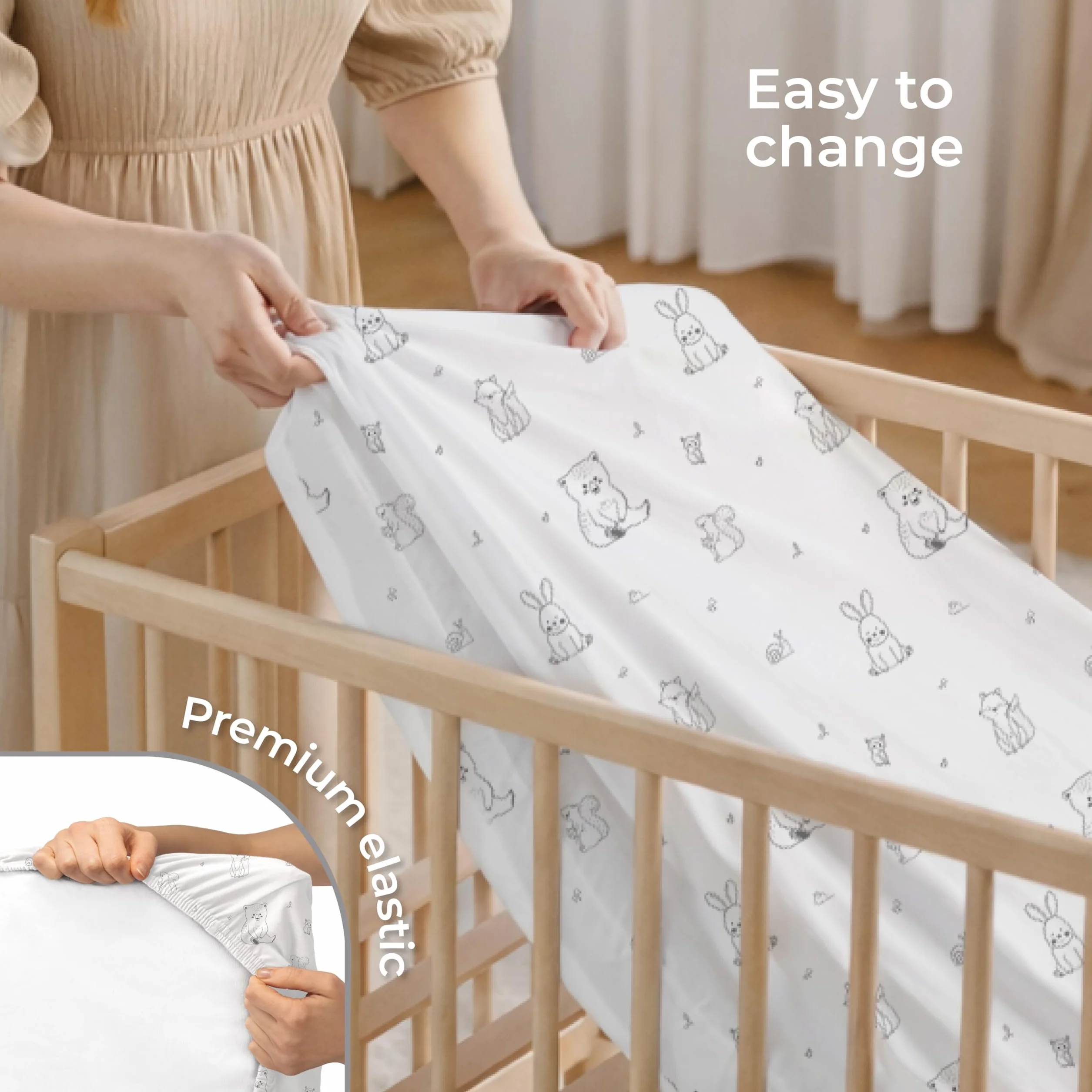 Dreamzie Prześcieradła Z Gumką 40x90 cm – Zestaw 2 – Bawełna Oeko-Tex – Do Łóżeczka I Kołyski – Biały/Szary Las