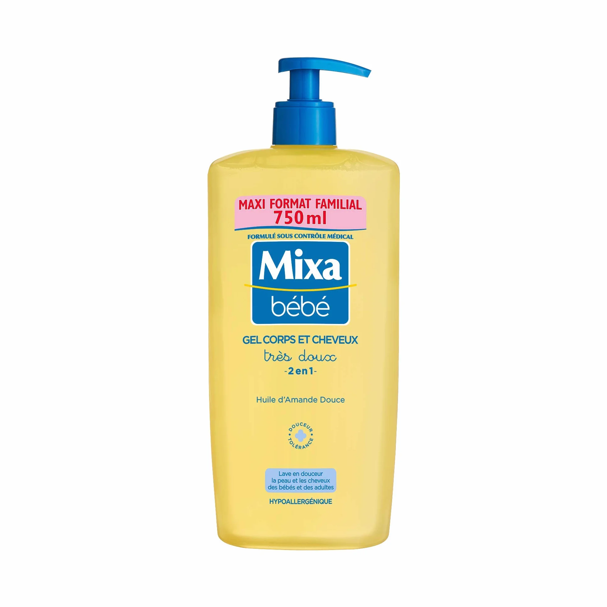 Mixa Baby Gel 2 w 1 do ciała i włosów bardzo miękkie - z olejkiem ze słodkich migdałów -hipoalergiczny - pH neutralne - Maxi format rodzinny 750 ml
