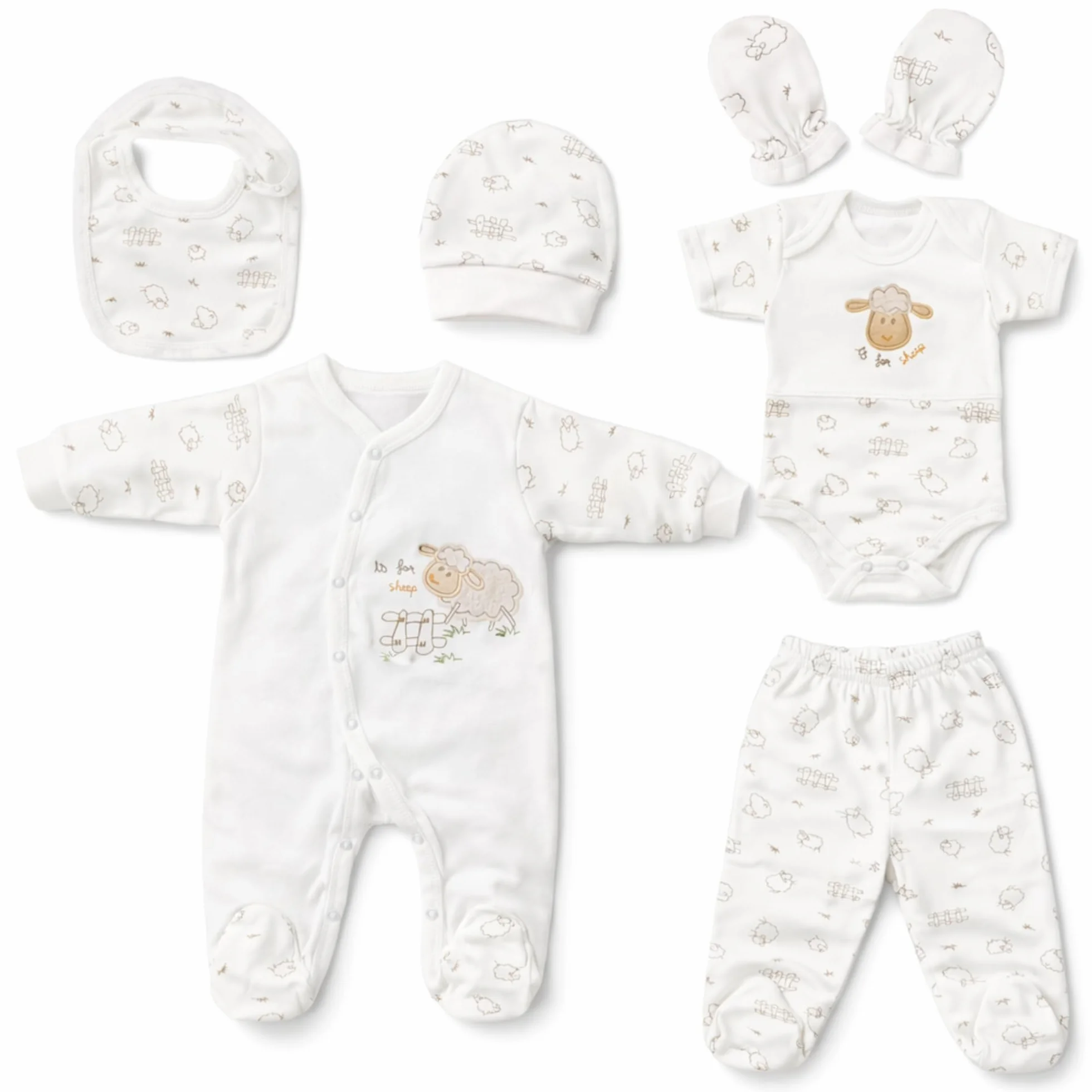 Zestaw prezentowy dla noworodków 6-częściowy 100% bawełna naturalna Oeko-Tex miękki unisex niemowlęta 0–4 miesiące Jagnięce