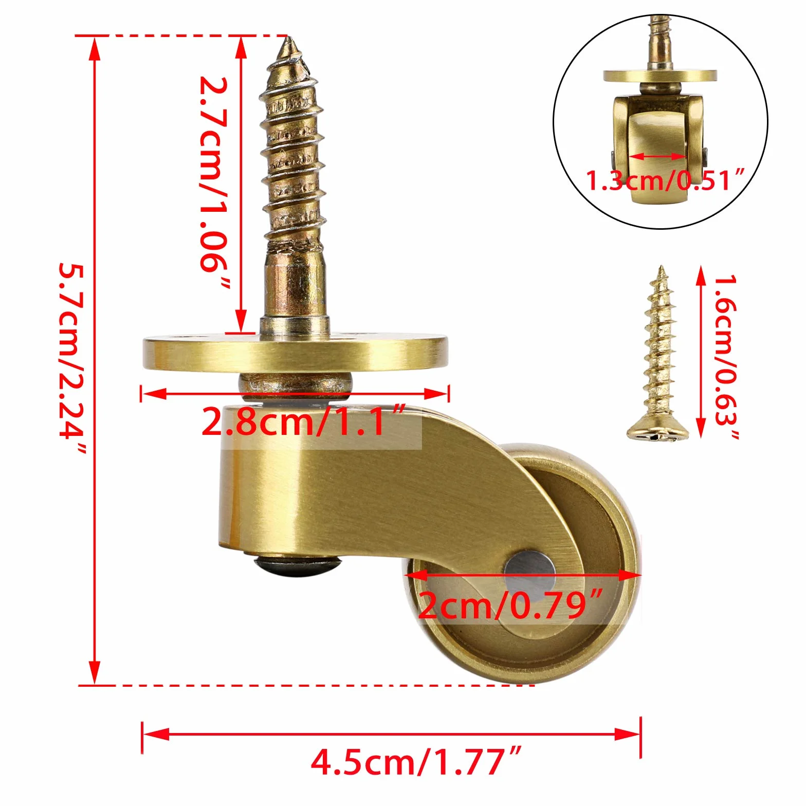 IGNPION 4 uniwersalne kółka obrotowe o 360°, z litego mosiądzu, do mebli, 22 mm, zestaw 4 szt