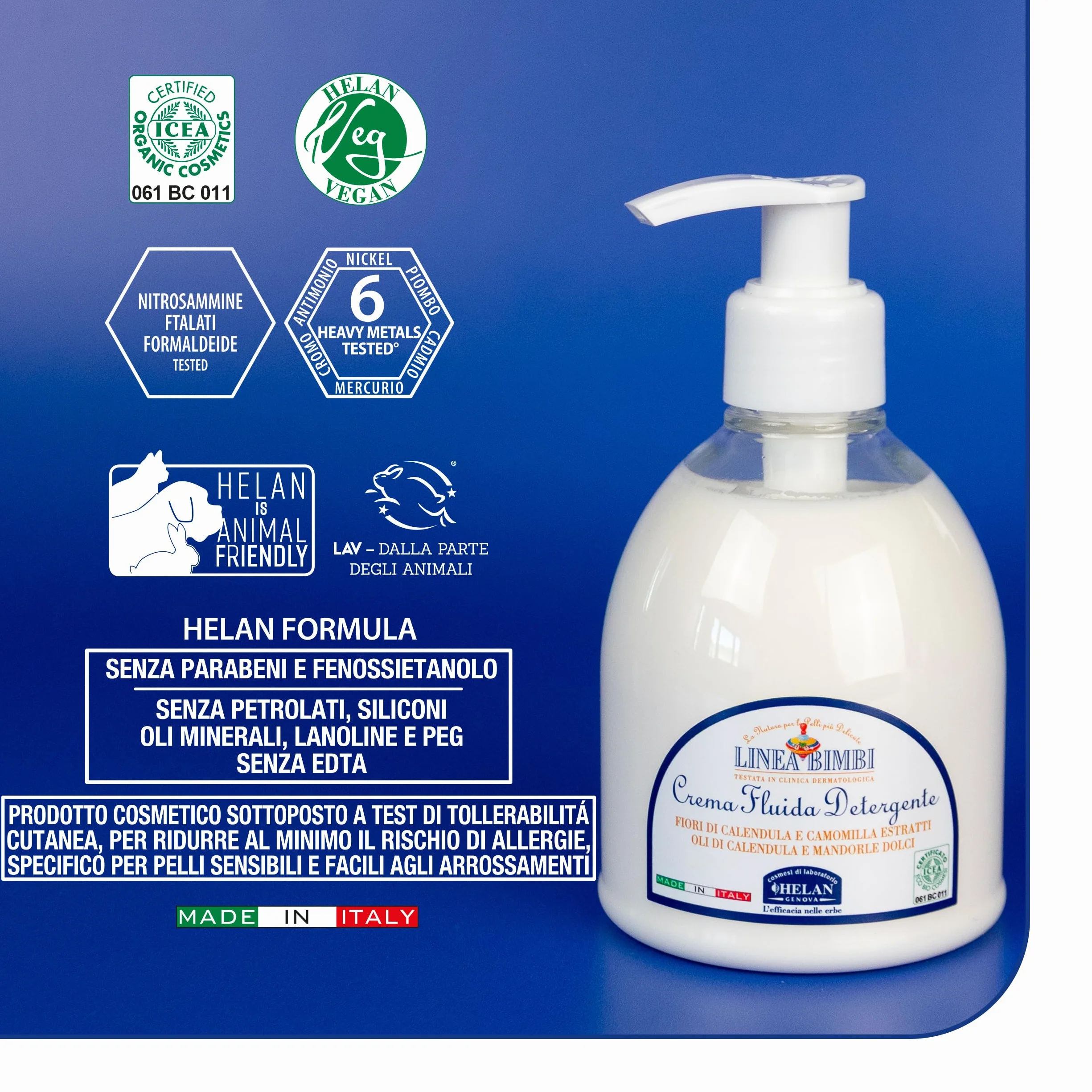 Helan, Linea Bimbi, Krem nawilżający dla niemowląt, krem do ciała dla dzieci, płyn i detergent - Kojący i odżywczy krem nawilżający do ciała dla niemowląt i dzieci, z nagietkiem i słodkimi migdałami -