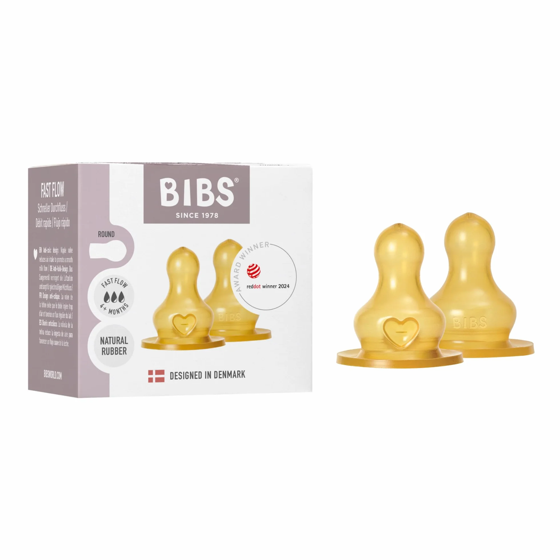 BIBS 2-pak smoczek do butelek. Antykolkowy. Extra smoczek do butelek Bibs dla niemowląt. Okrągły kształt smoczka. - Kauczuk naturalny/lateks. Fast Flow
