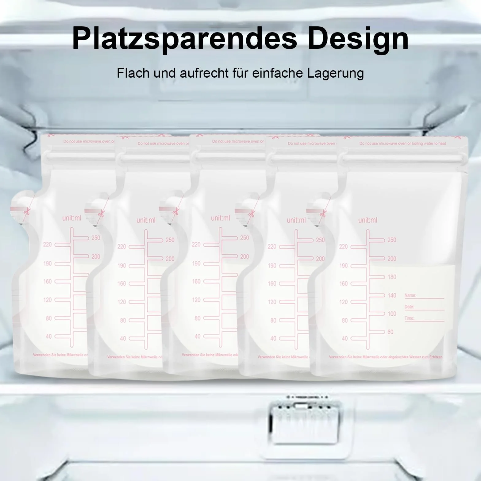 120x Woreczki na mleko matki 250ml – Torebki do przechowywania pokarmu, szczelne, sterylne, wolne od BPA, samostojąca konstrukcja, do zamrażania, z precyzyjną miarką i polem na opis