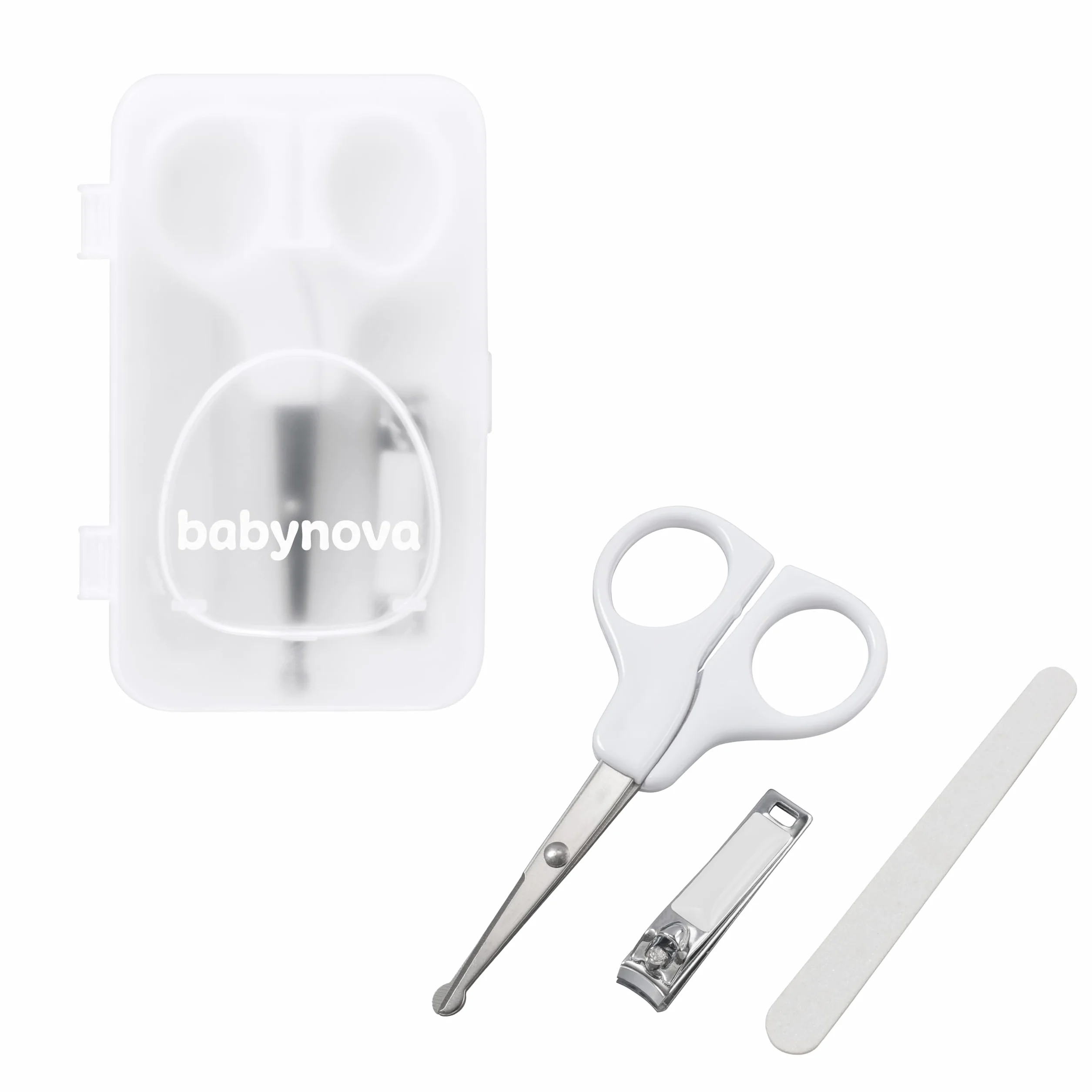 babynova Zestaw Manicure dla Niemowląt – Bezpieczny Zestaw do Pielęgnacji Paznokci z Nożyczkami z Zaokrąglonymi Końcówkami, Obcinaczem do Paznokci & Pilnikiem – Higieniczne Pudełko – Bez BPA