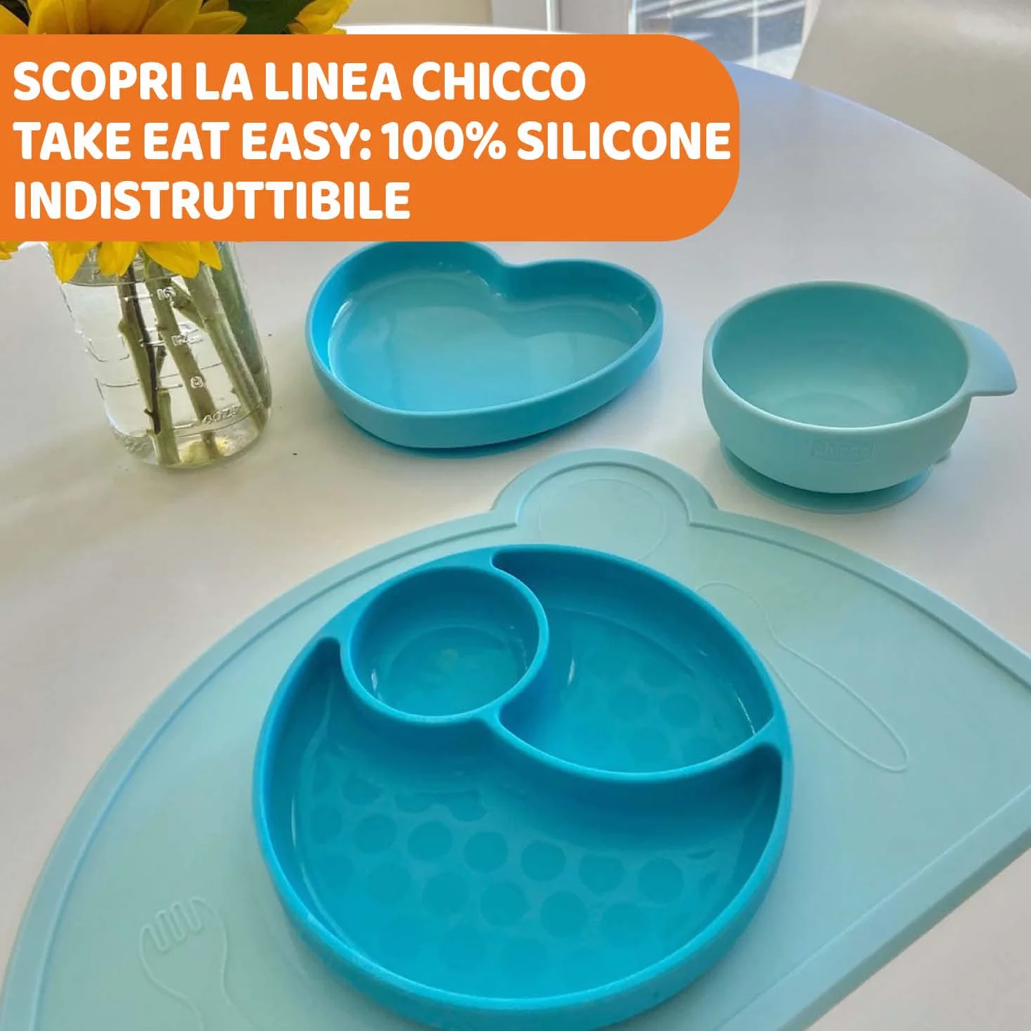 Chicco Miska silikonowa z przyssawką Easy Bowl dla niemowląt, miska na półpłynne jedzenie z ergonomiczną rączką, nadaje się do mycia w zmywarce, nadaje się do kuchenki mikrofalowej, 6+ miesięcy