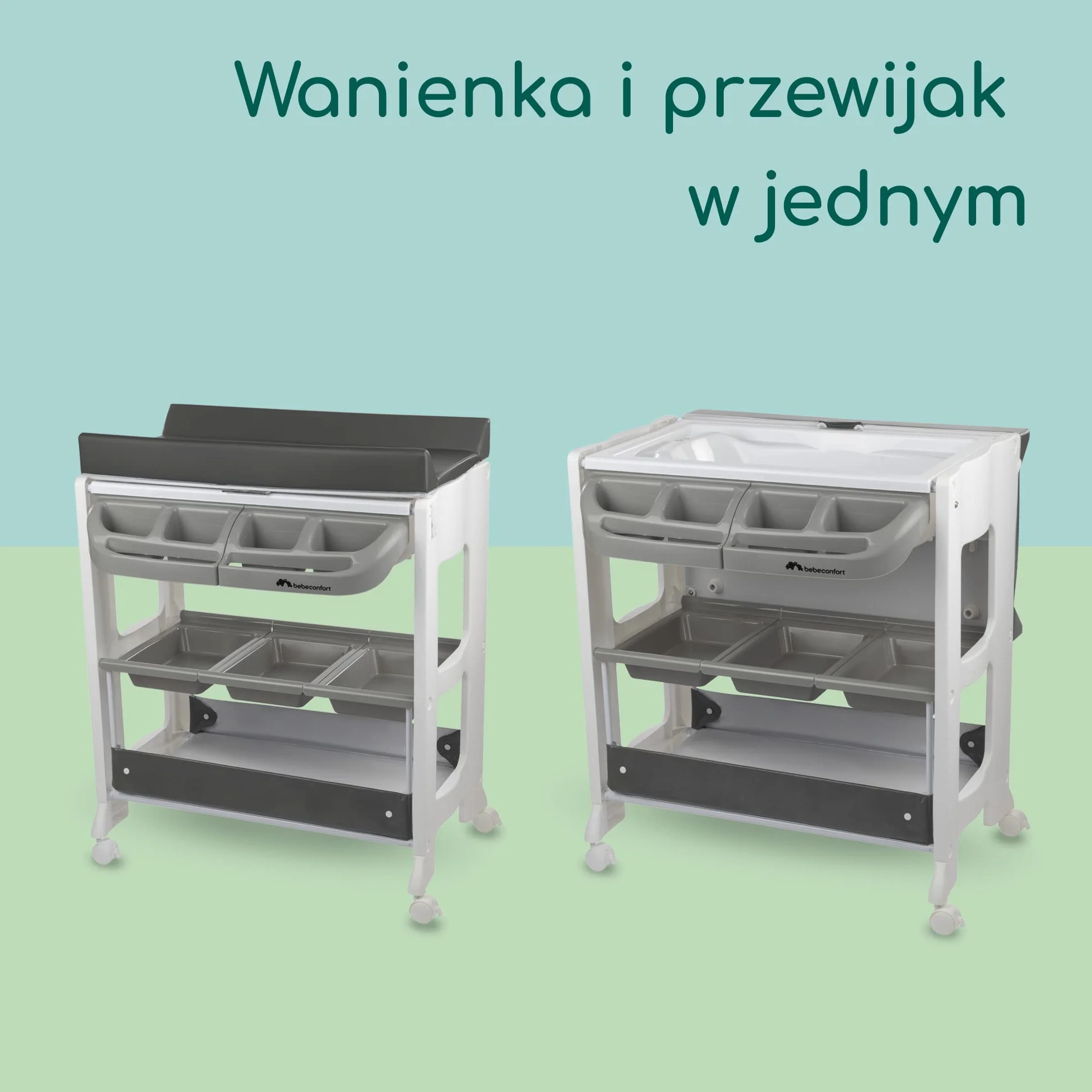 Bebeconfort Dolphy, Przewijak Dla Niemowląt 2 w 1, 0–12 Mies. (Maks. 11 kg), 4 Kółka do Łatwego Przemieszczania, Łatwe Przechowywanie, Kieszenie i Półka, Wyściełany Materac do Przewijania, Grey Mist