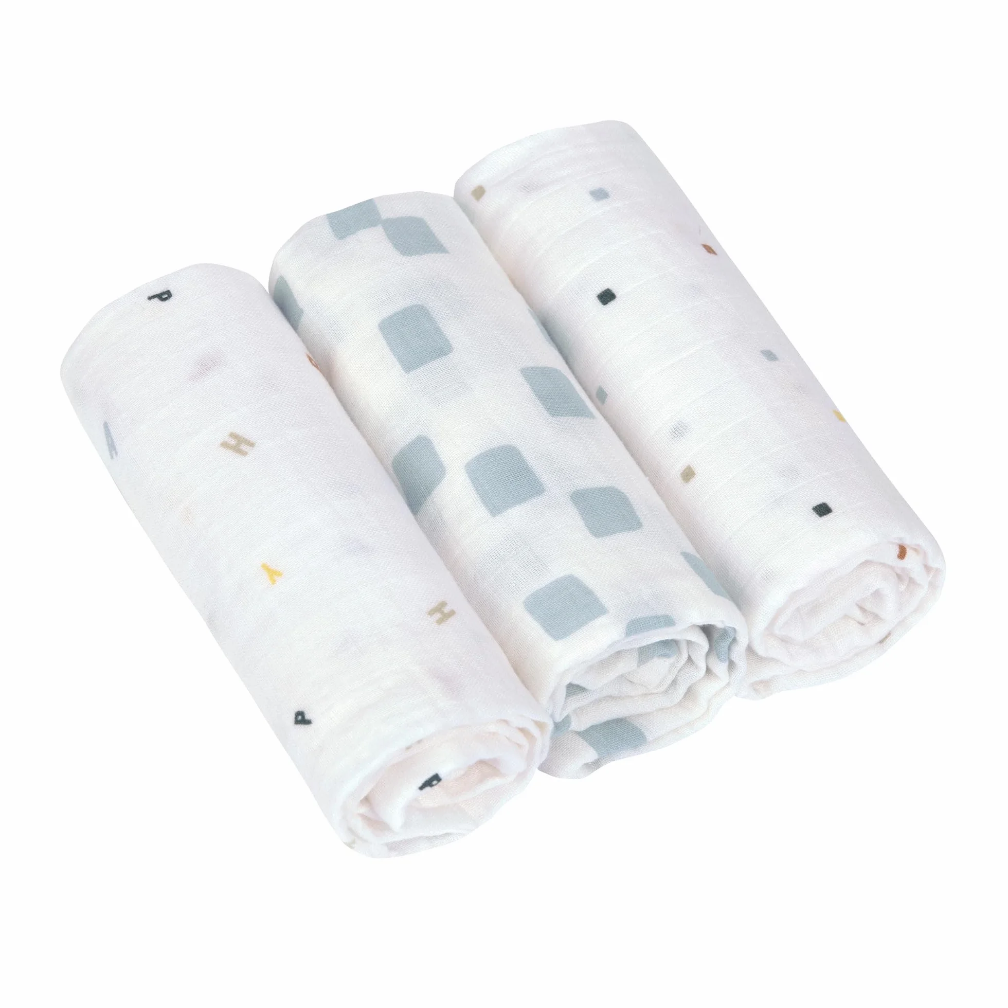 LÄSSIG Kocyk dla niemowląt, koc do plucia, chusta muślinowa, zestaw 3 sztuk, bawełna, 85 x 85 cm, koc Swaddle & Burp Blanket L Happy Fruits Blue