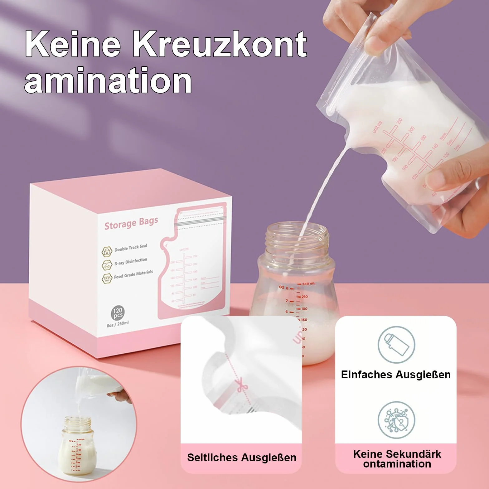 120x Woreczki na mleko matki 250ml – Torebki do przechowywania pokarmu, szczelne, sterylne, wolne od BPA, samostojąca konstrukcja, do zamrażania, z precyzyjną miarką i polem na opis
