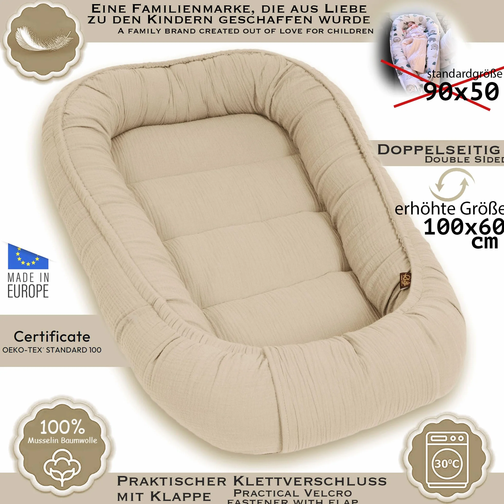 PaLulli Gniazdo dziecięce 100% muślin 100x60 cm ochraniacz z zapięciem na rzepy beżowe