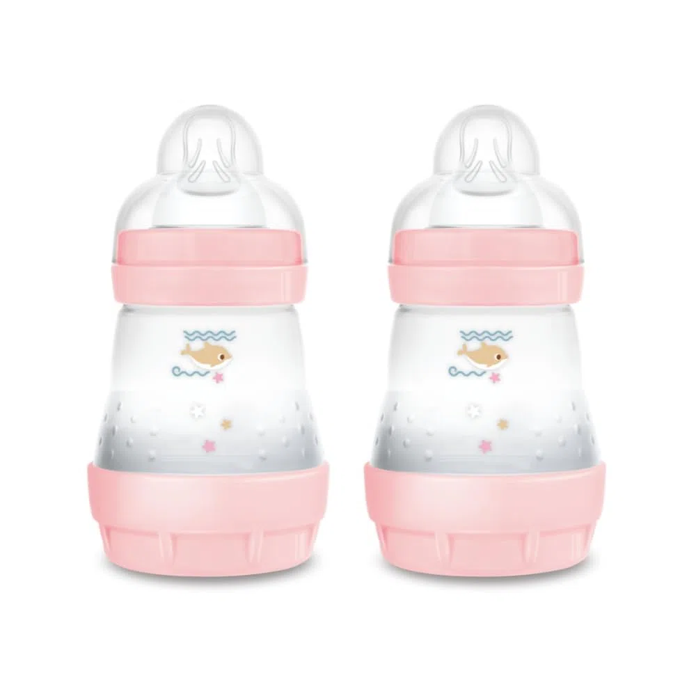 MAM Butelka do karmienia Easy Start, 2 butelki dla niemowląt, 0-4 miesiące, 160 ml, 1 na 0+ miesięcy, silikonowy smoczek SkinSoft, Bio-okrągły, różowy