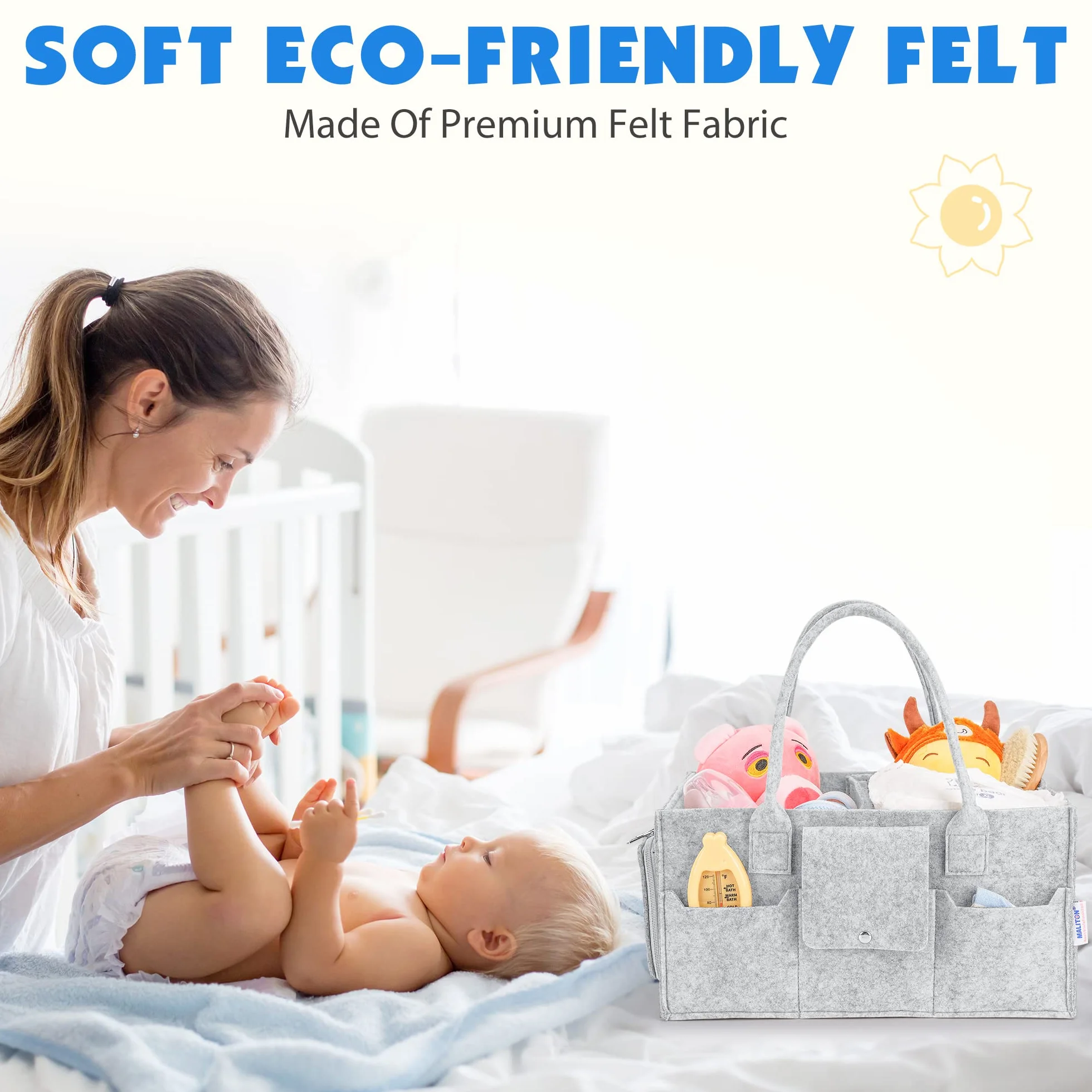 Maliton Pudełko na pieluchy dla niemowląt Niezbędne pudełko na pieluchy z pokrywką Wytrzymały przenośny zmywalny z odpinanymi przegródkami, prezent na baby shower, organizer na pieluchy, szary