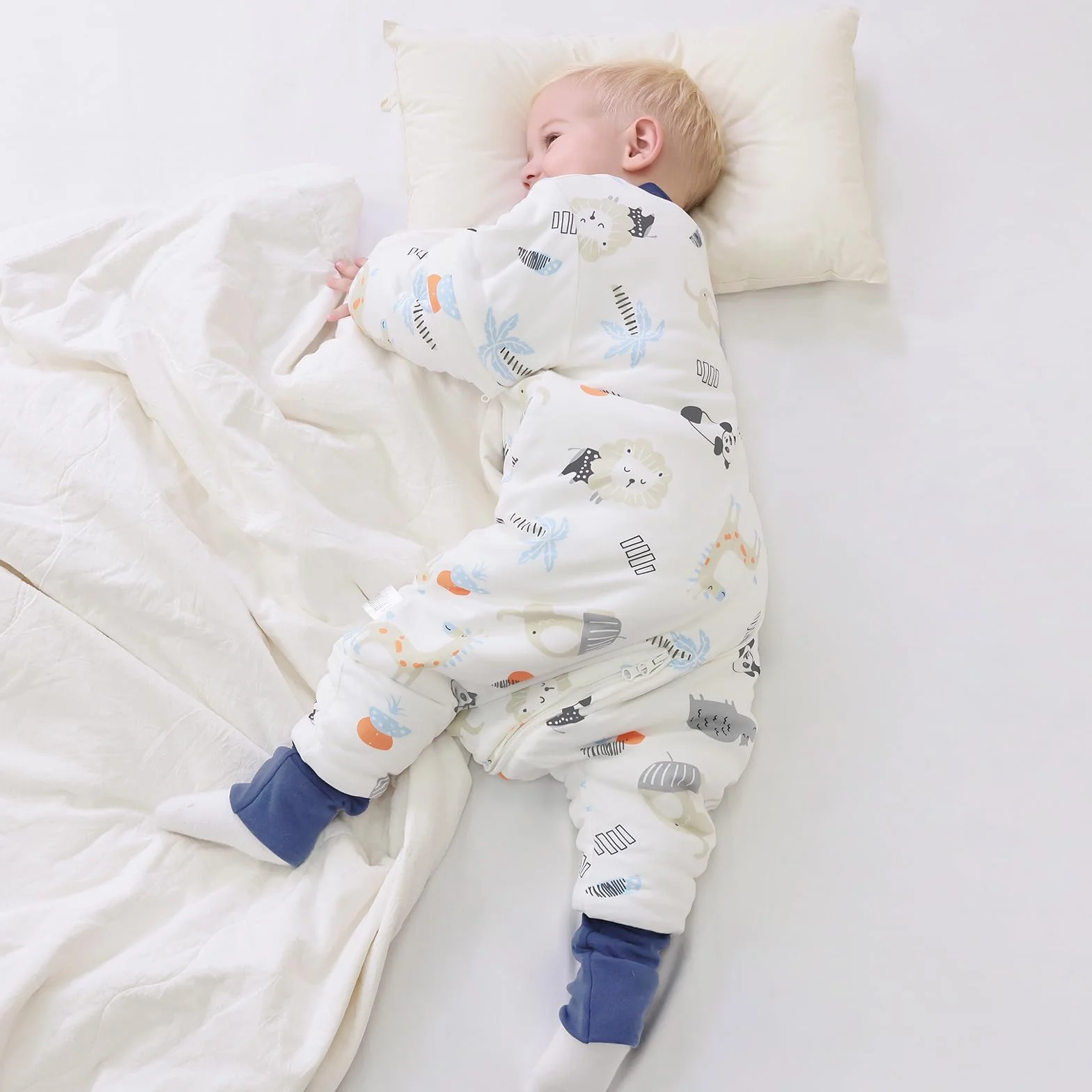 Śpiwór niemowlęcy z długim rękawem z nogawkami 3,5 tog śpiwór zimowy dla dzieci z nogami, Pandy i lwy, wysokość 75-85 cm
