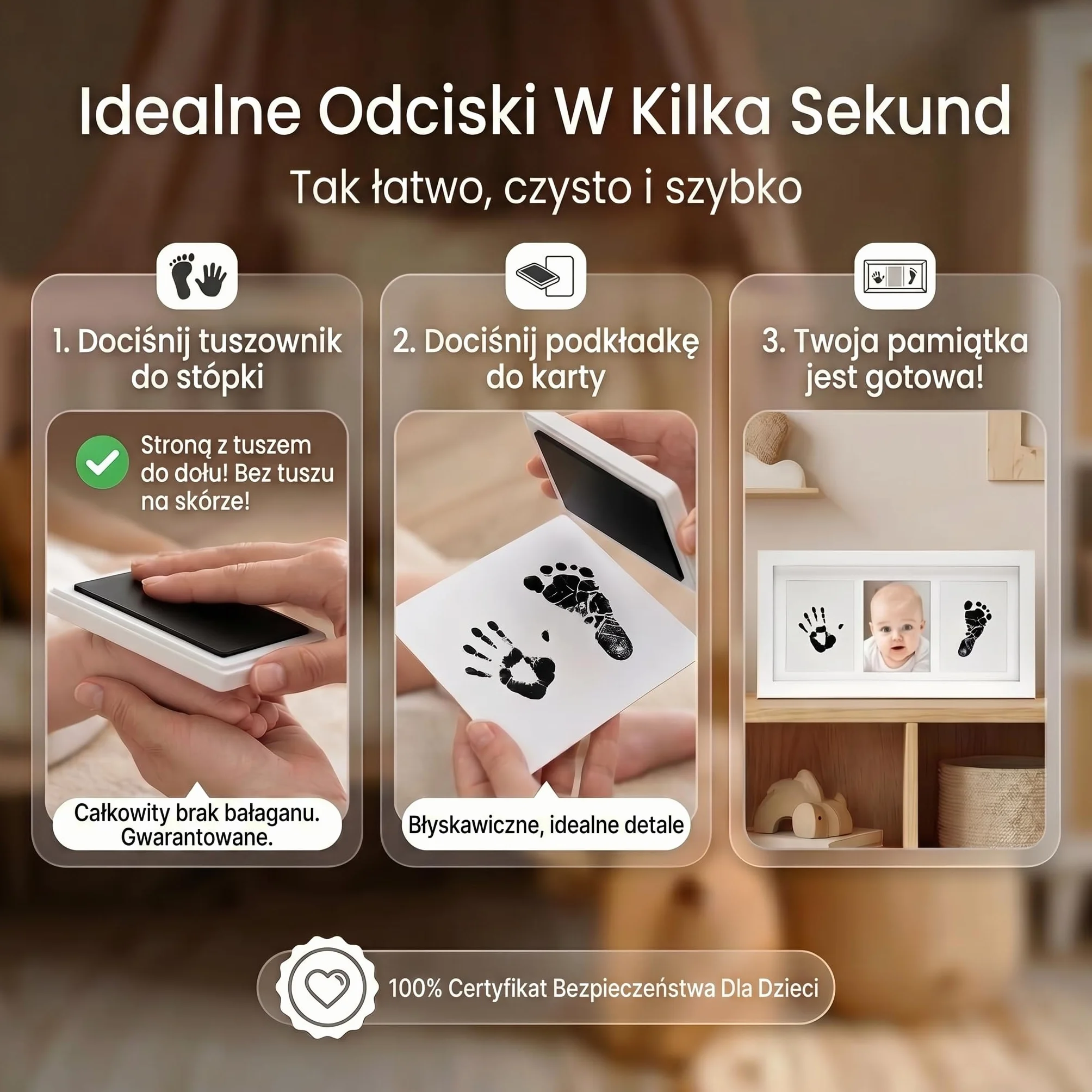 Baby Photo Frame Imprint/Ink Set - ramka na odciski dłoni, stóp i zdjęcia; zestaw upominkowy z okazji narodzin, chrztu, rozstania z dzieckiem itp. 3-częściowy biały (Atrament)