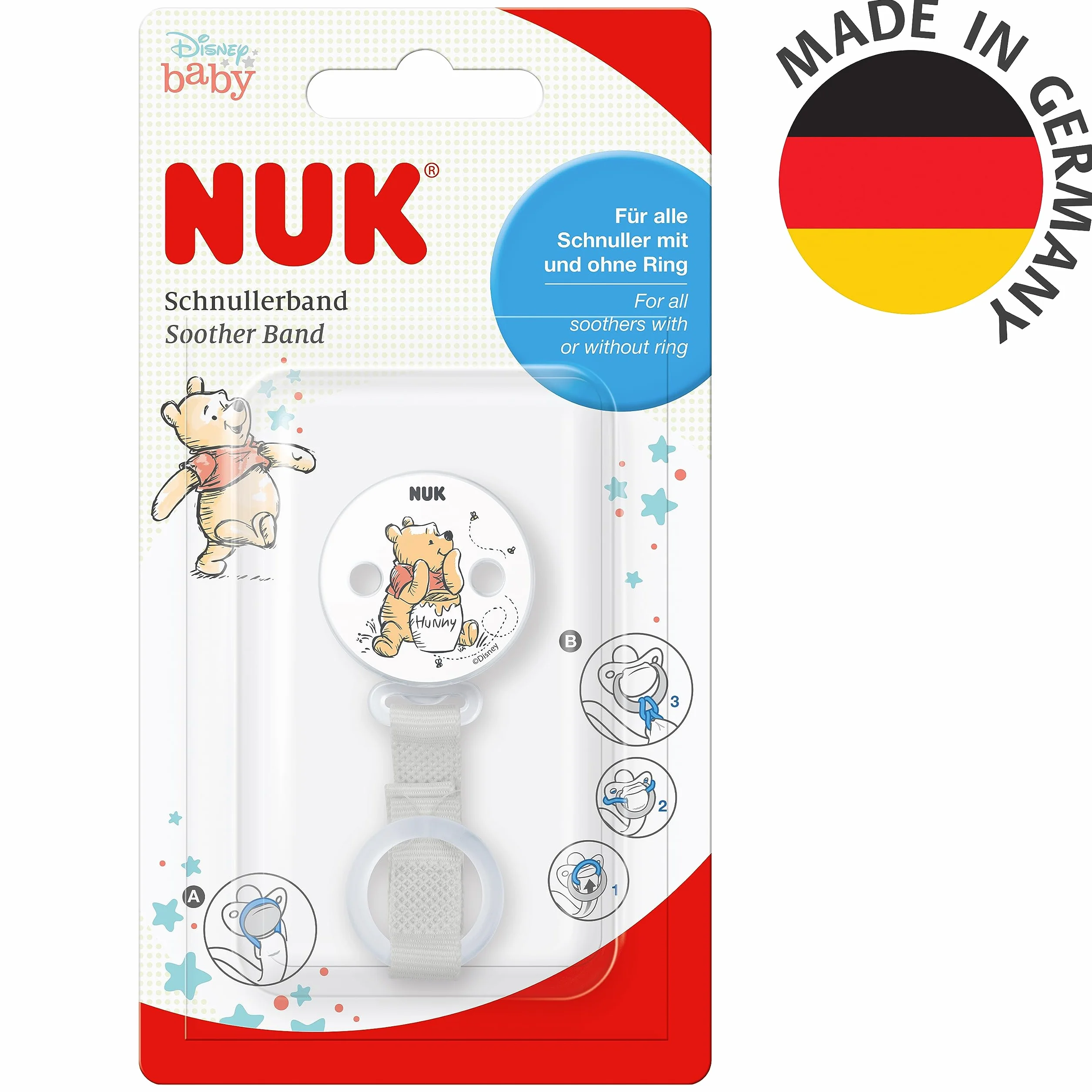 NUK Disney Kubuś Puchatek opaska i klips, do wszystkich smoczków z pierścieniem i bez, odporny na pękanie, 1 szt