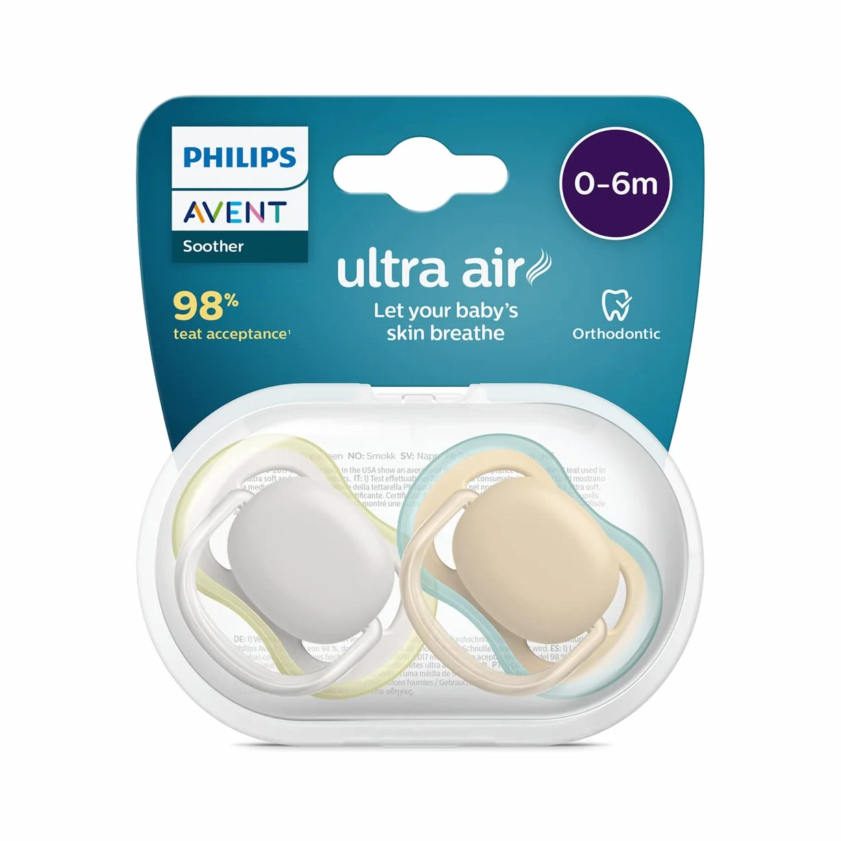 Philips Avent Smoczek Ultra Air, 2 szt. — smoczek bez bisfenolu A dla dzieci w wieku 0–6 miesięcy (model SCF085/15)
