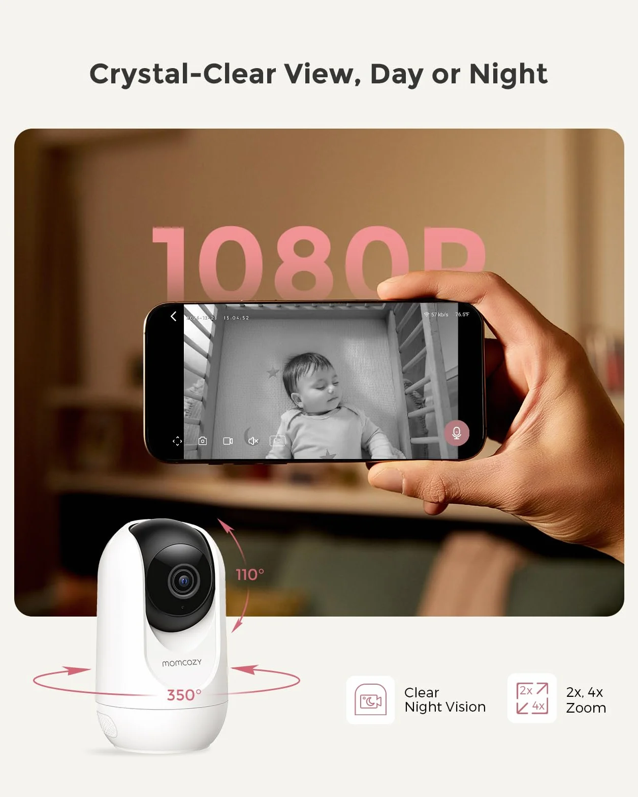 Monitor wideo dla niemowląt Momcozy BM04, 5-calowy monitor Wi-Fi 1080P, 4-krotny zoom, wykrywanie ruchu i płaczu, bezpieczna strefa, wyraźny obraz w nocy
