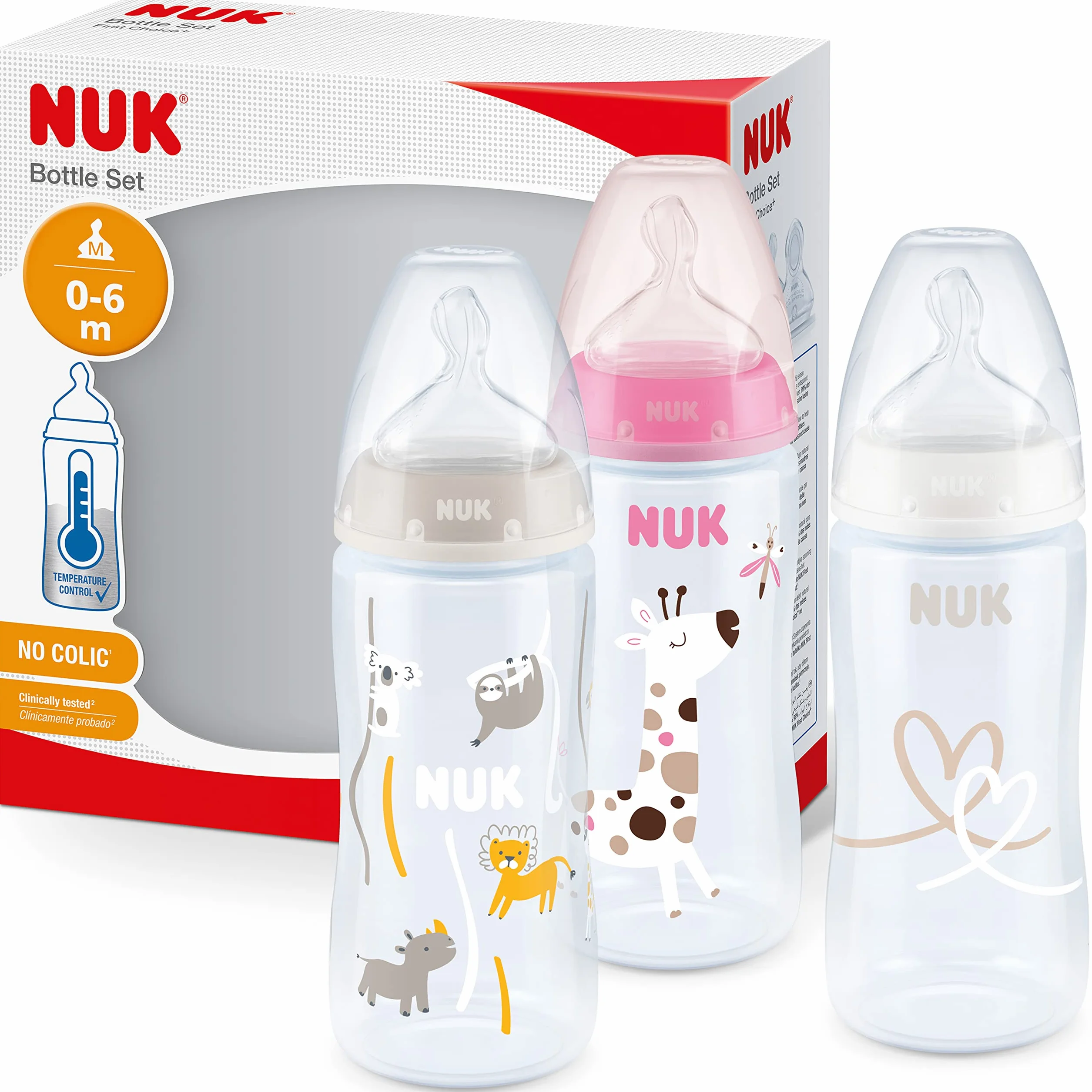 NUK First Choice + Butelka dla niemowląt | 0–6 miesięcy | Wskaźnik kontroli temperatury | Otwór antykolkowy Anti Colic | 300 ml | Produkt nie zawiera BPA | Smoczek silikonowy | żyrafa | 3 elem