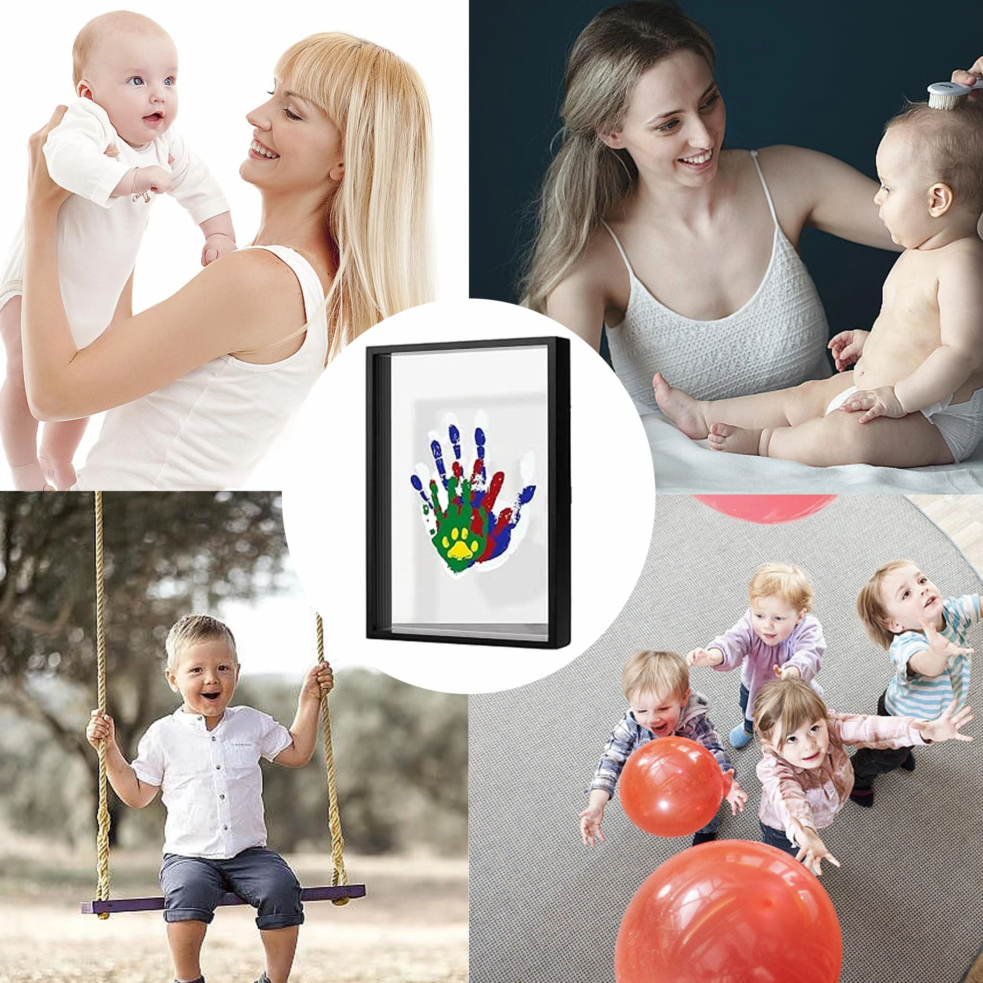 QSLKI Family Handprint Kit Clear Diy Craft Pamiątki Drewniane Ramy, Czarny, Rodzinny Zestaw Pamiątek Dłoni i Stóp, Cztery Przegrody Sześć Farb, Dziecięcy Odcisk Ręki i Stóp Zestaw, Rodzinny Pamiątek D