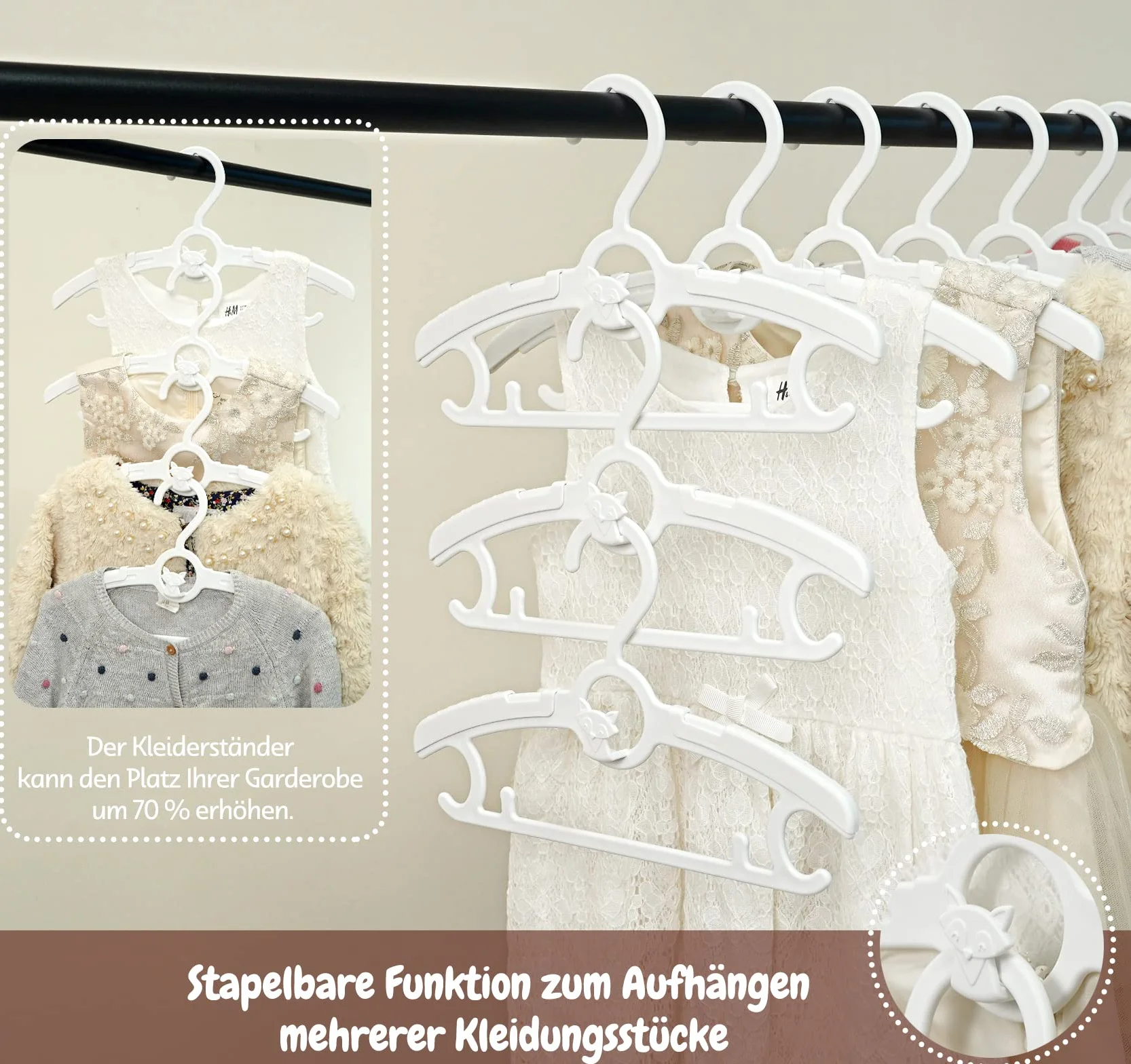 HOUISM 24pcs Children Clothes Hangers, Adjustable Baby Hangers with Stackable Hooks and Windproof Hook, Space-Saving, Non-Slip Extendable Hangers for Newborn to Schoolchild（White）
