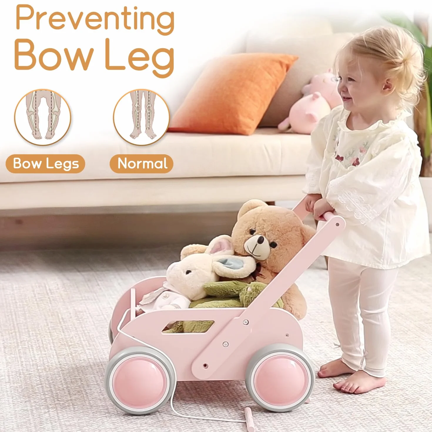 Różowy drewniany wózek do nauki chodzenia Baby Walker dla dzieci z kółkami
