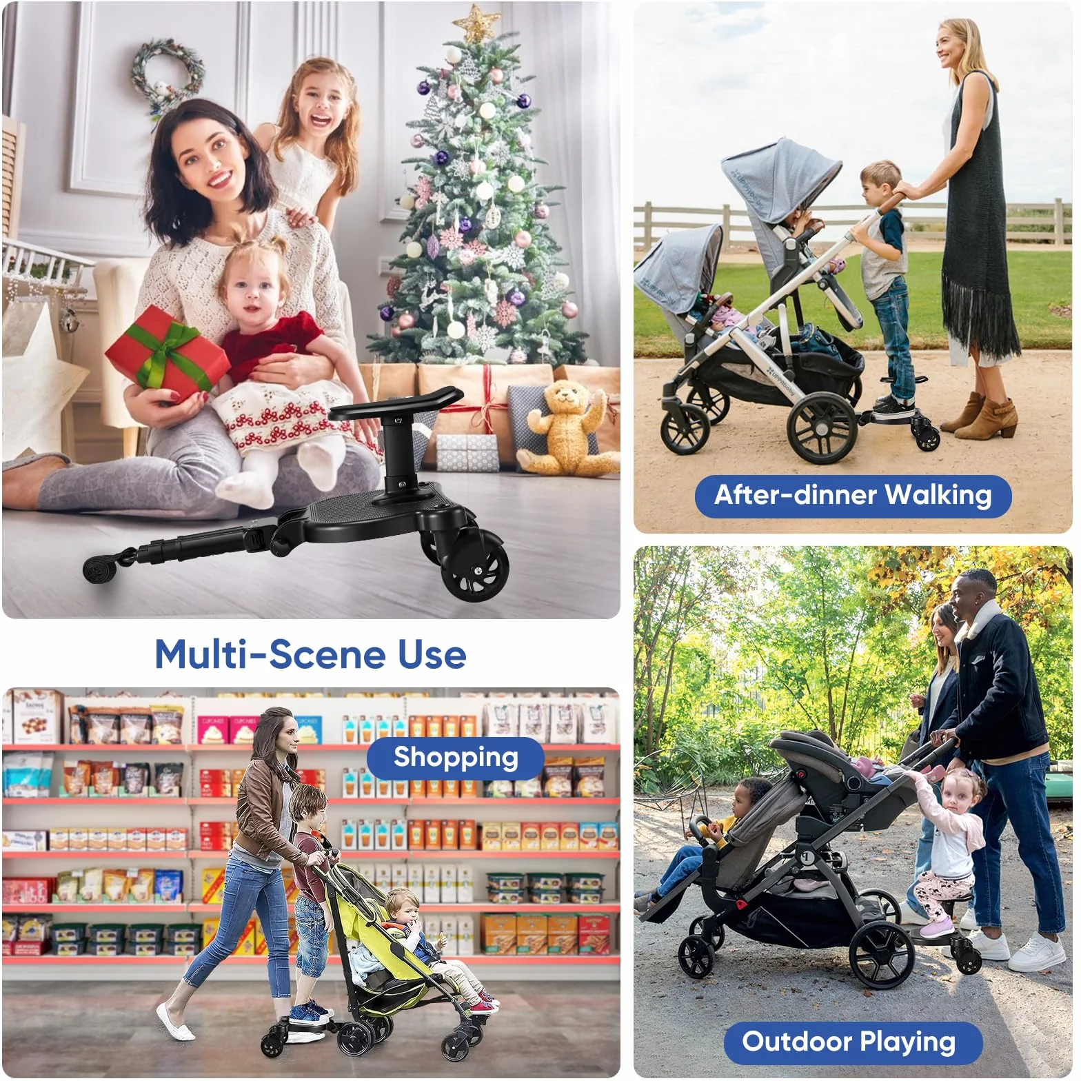 Deska buggy uniwersalna z siedziskiem i torbą organizera, kompatybilna z wózkami, udźwig 25 kg