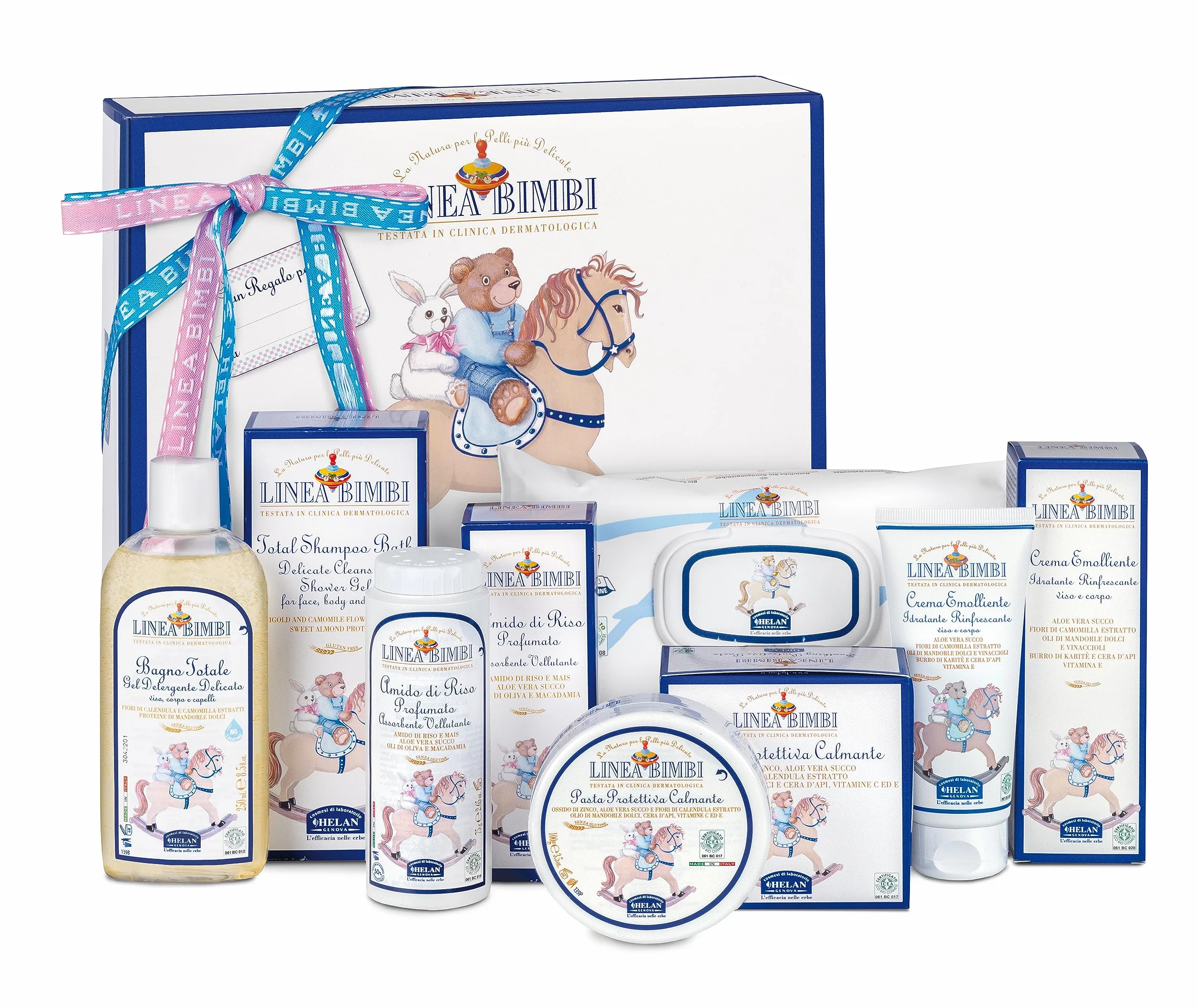 Helan, Linea Bimbi - słodki zestaw do kąpieli niemowląt: żel pod prysznic 250 ml, puder ryżowy 75 g, chusteczki nawilżane 60 szt., krem chroniący rany 100 g, krem do ciała