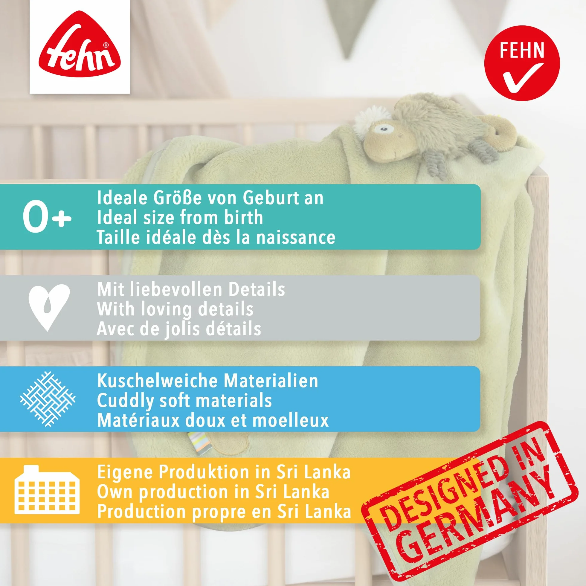 Fehn 058253 Kuscheldecke Peru/Kuschelige Schmusedecke für Babys und Kleinkinder ab 0+ Monaten - zum Kuscheln, als Krabbelunterlage, Schnuffeltuch oder Zudecke für zuhause und unterwegs