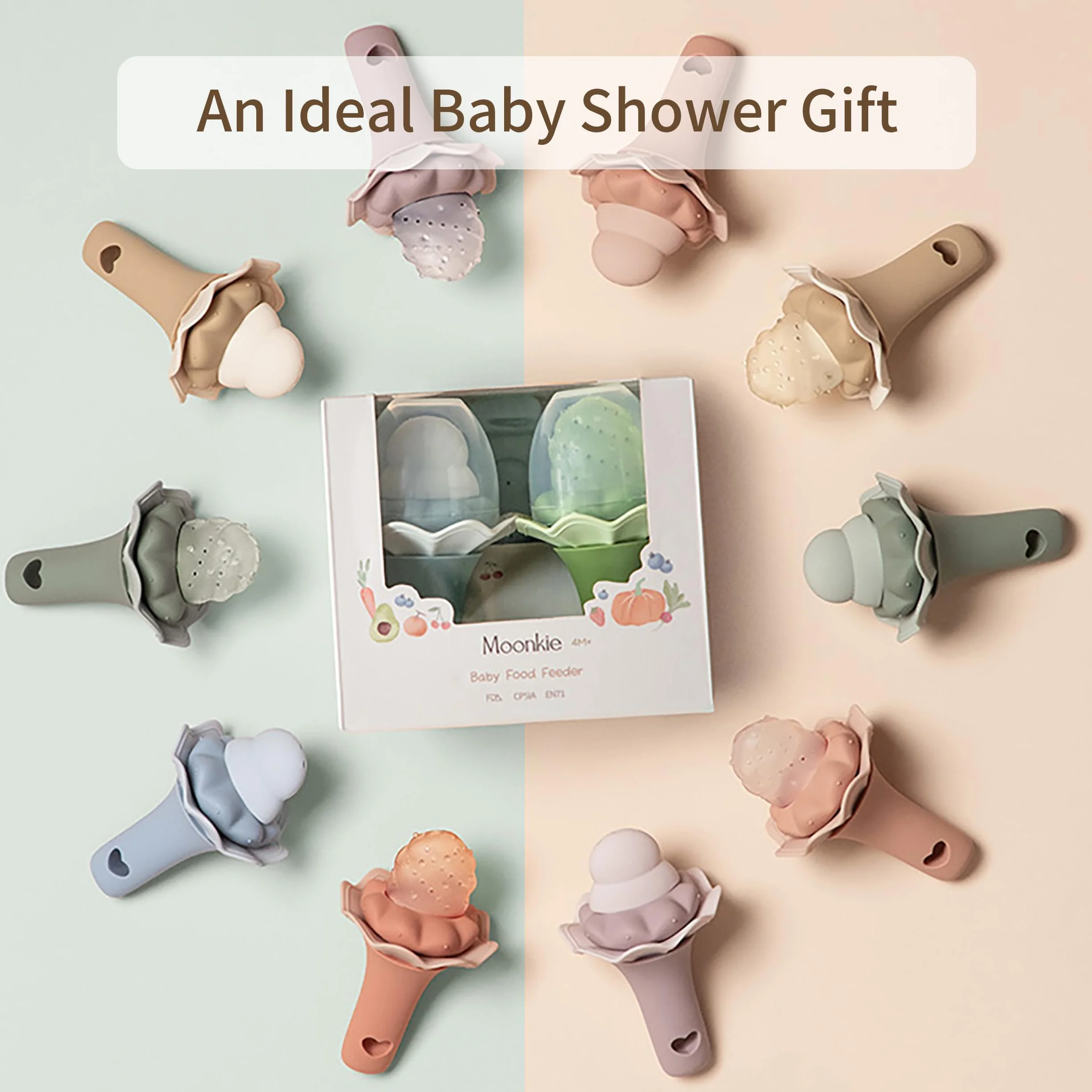 Moonkie Karmnik na owoce dla niemowląt z tacą do zamrażarki | Silikonowy podajnik żywności dla niemowląt bez BPA z woreczkami w dwóch rozmiarach | Prezenty na baby shower | 4 miesiące+ Led Weaning, 2