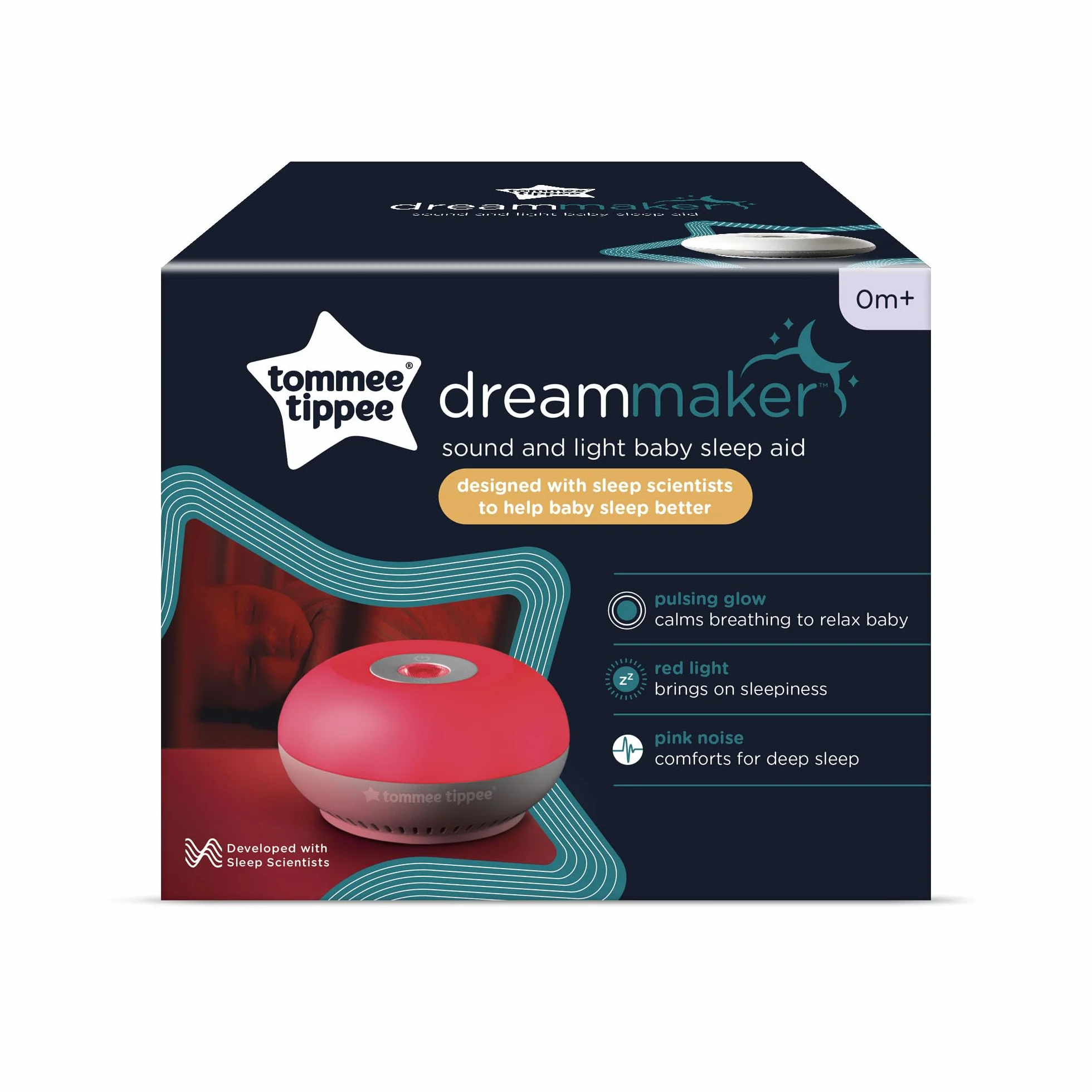 Tommee Tippee Dreammaker Baby Sleep Aid, różowy hałas, czerwone światło lampka nocna, sprawdzona naukowo, inteligentny czujnik CrySensor (opakowanie 1 szt.); Okrągłe