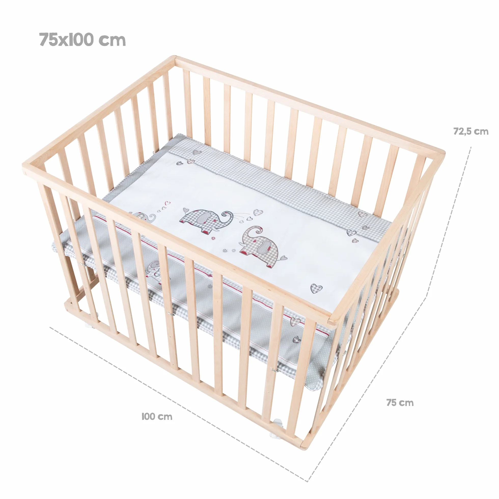 roba Kojec drewniany 75 x 100 cm Jumbo Twins z wkładem i kółkami z hamulcami szary
