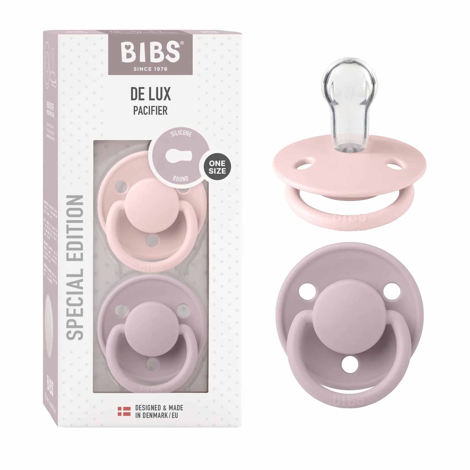 BIBS De Lux smoczek, 2 sztuki, nie zawiera BPA, smoczek w kształcie wiśni, silikon, wyprodukowano w Danii. 0-36 miesięcy (2 sztuki)