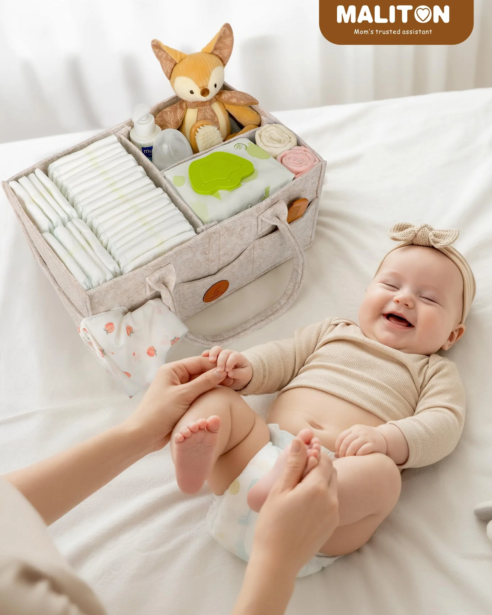 Maliton Organizer do przewijaka, Organizer do pieluch dla niemowląt Caddy Newborn Essentials, wytrzymała, przenośna torba filcowa, kosz do przechowywania dla niemowląt z wyjmowanymi przegródkami