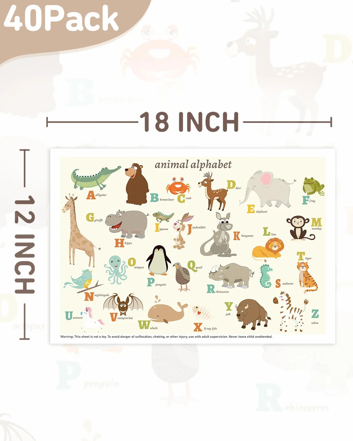 40 szt. jednorazowych podkładek samoprzylepnych dla niemowląt i dzieci, mata na stół restauracyjny 30,5 x 45,7 cm, samoprzylepne podkładki dla niemowląt, alfabet zwierzęcy