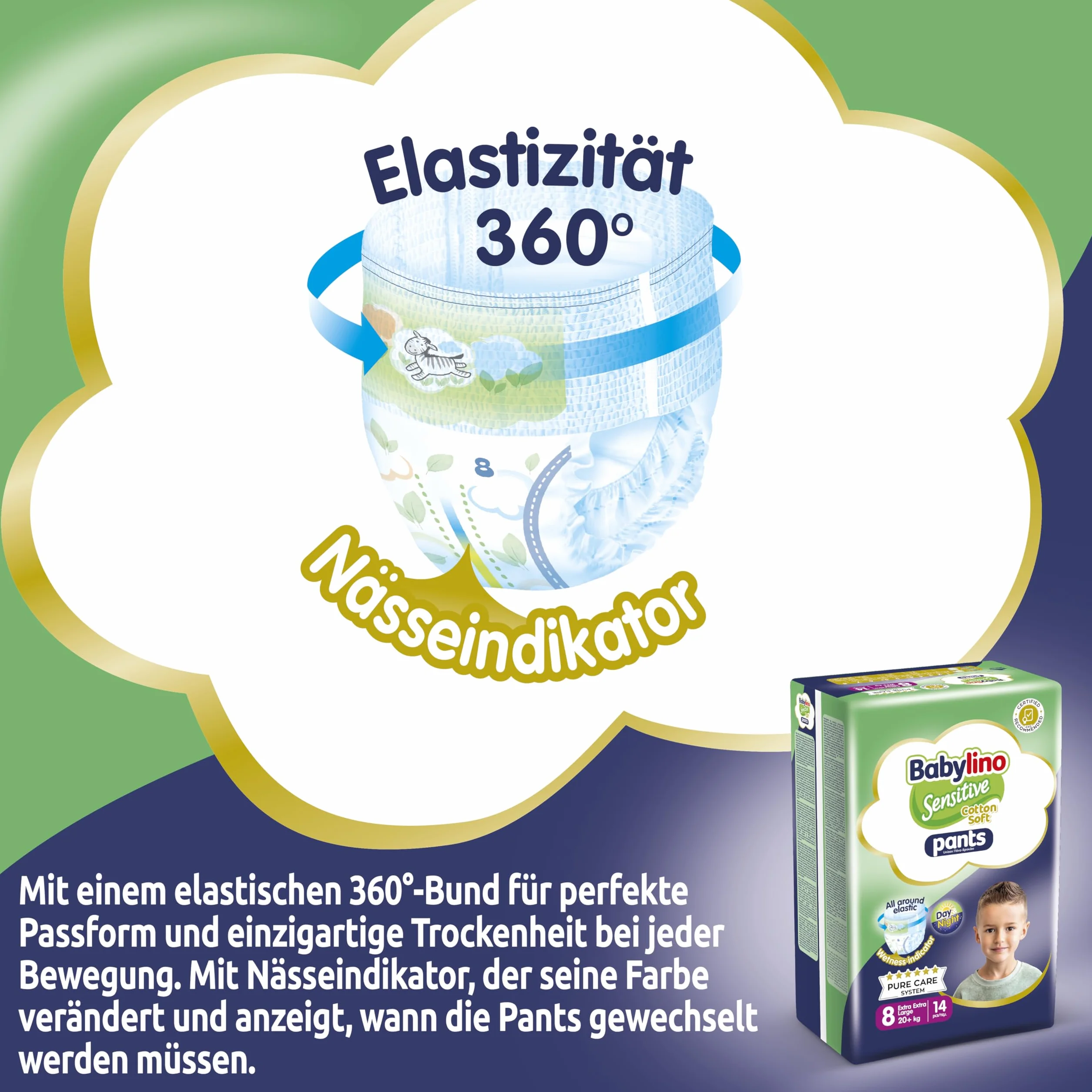 Babylino Sensitive Cotton Soft Pieluchy Majtki Rozmiar 8 Spodnie XXL (20 kg) 14 sztuk