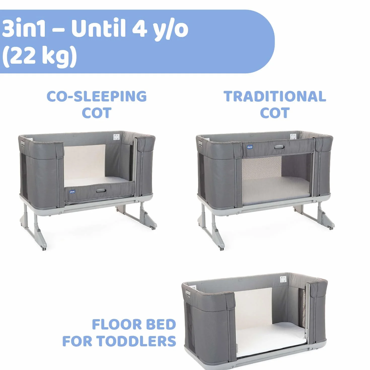 Chicco Next2Me Forever, Łóżeczko dziecięce boczne 3 w 1, łóżeczko staje się łóżeczkiem Montessori, do 4 lat (22 kg), regulowana wysokość, dobra cyrkulacja powietrza, 4 koła, materac w zestawie