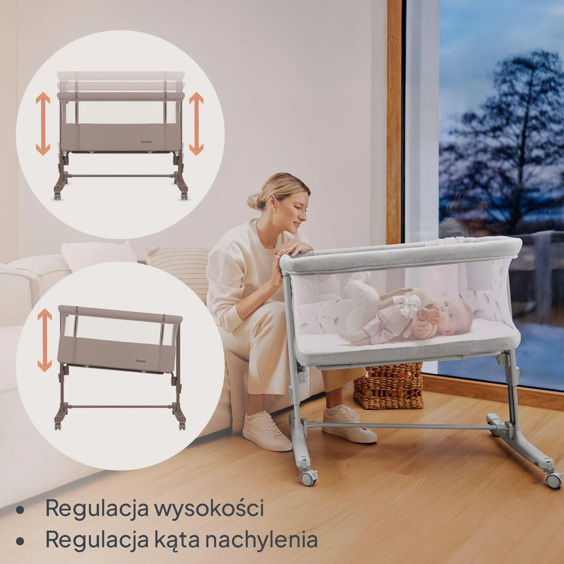 LIONELO Aurora 3 w 1 Łóżeczko Dziecięce do 9 kg Łóżko Dostawne Kołyska Regulacja Wysokości Kąta Nachylenia Materaca 4 Kółka z Hamulcem Torba (Szary)