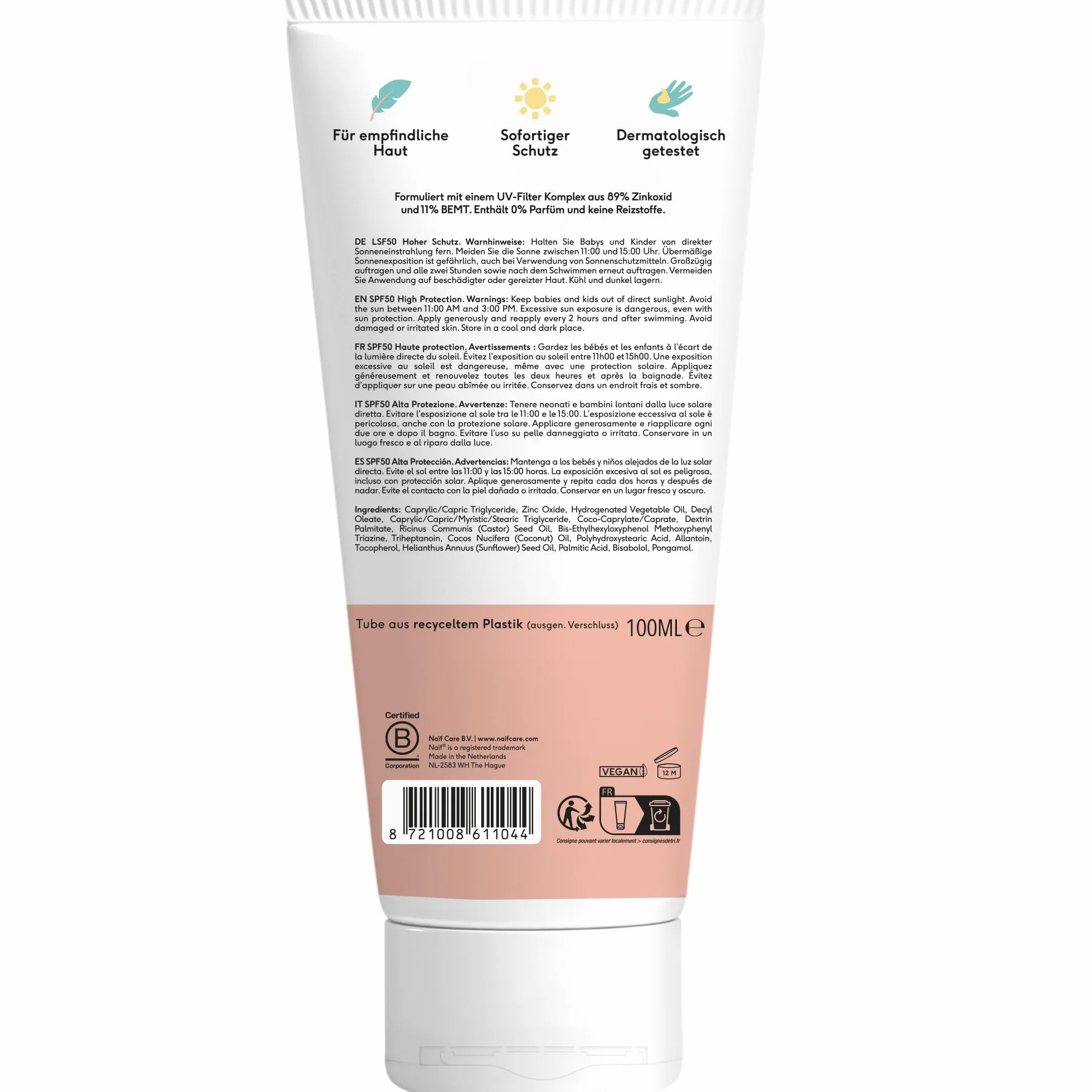 Naïf Mineralny krem przeciwsłoneczny - dla niemowląt i dzieci - wysoka ochrona - wodoodporny - wegański - bez zapachu - SPF50-100 ml