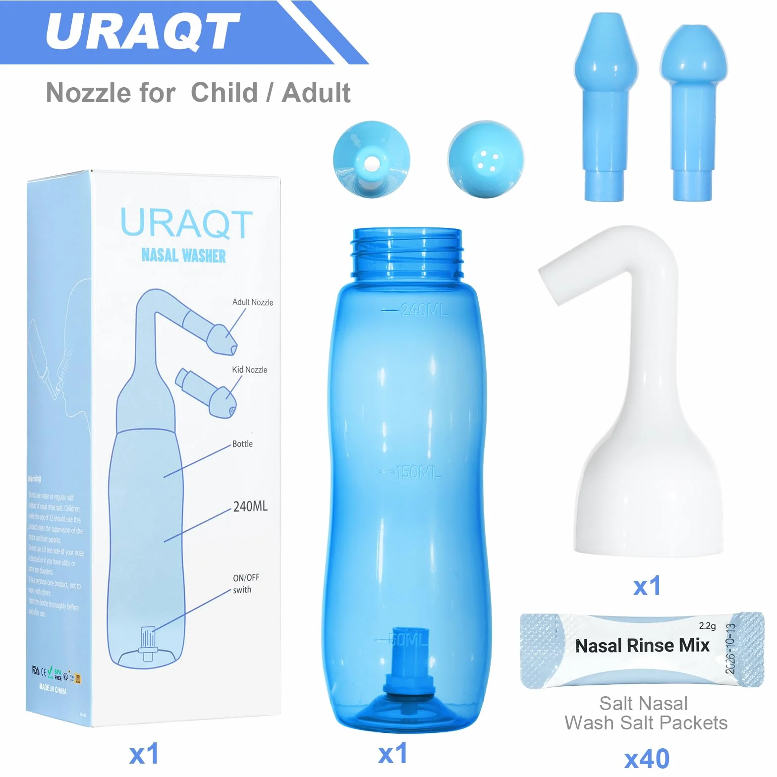 URAQT Neti Pot, zestaw do płukać nosa, butelka zatoka 240 ml z 40 pakietami soli, dla dorosłych i dzieci, ulga w zatokach