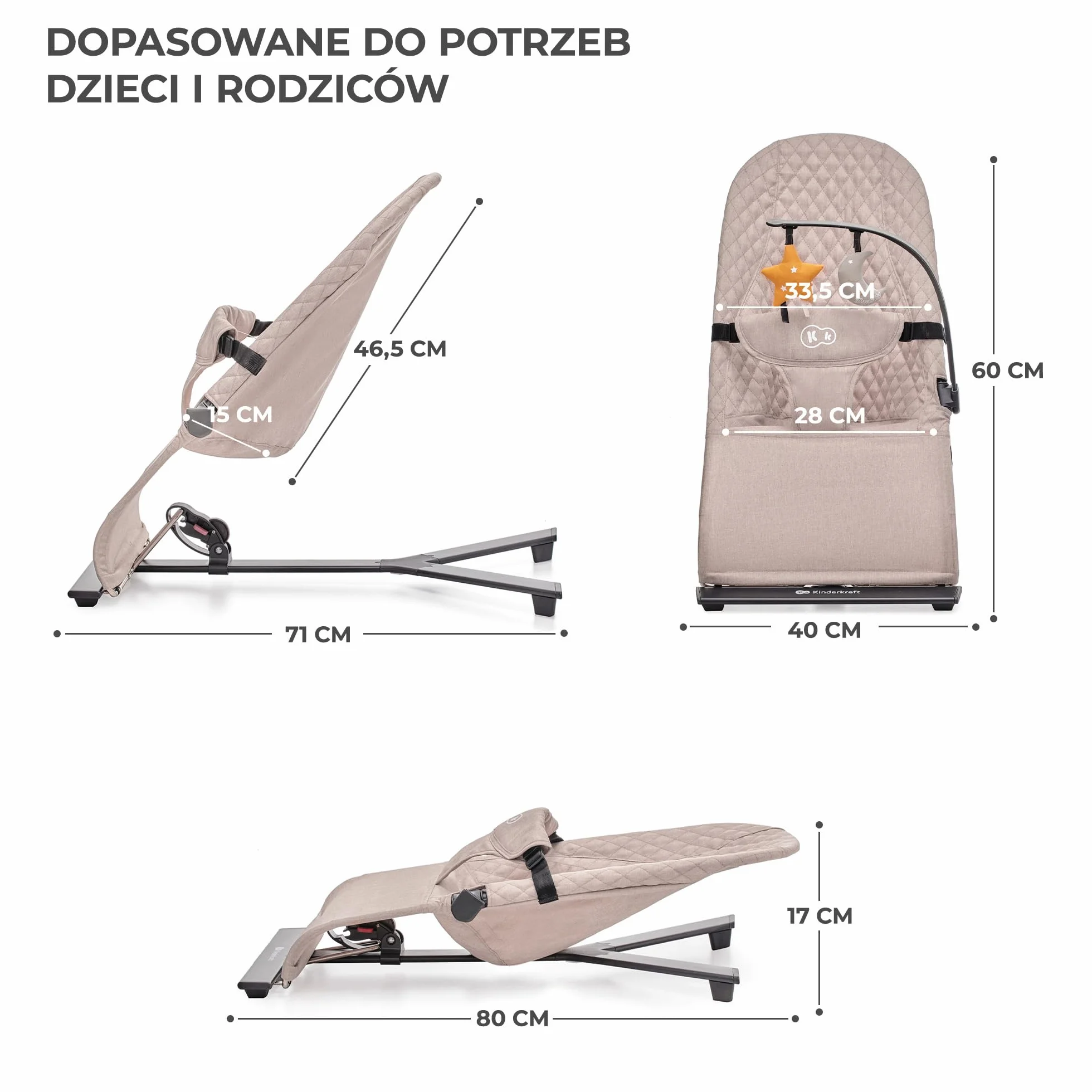 Kinderkraft Leżaczek MIMI, Bujaczek, Pałąk z zabawkami, Naturalne kołysanie, Kompaktowy po złożeniu, Pasy bezpieczeństwa, Beżowy