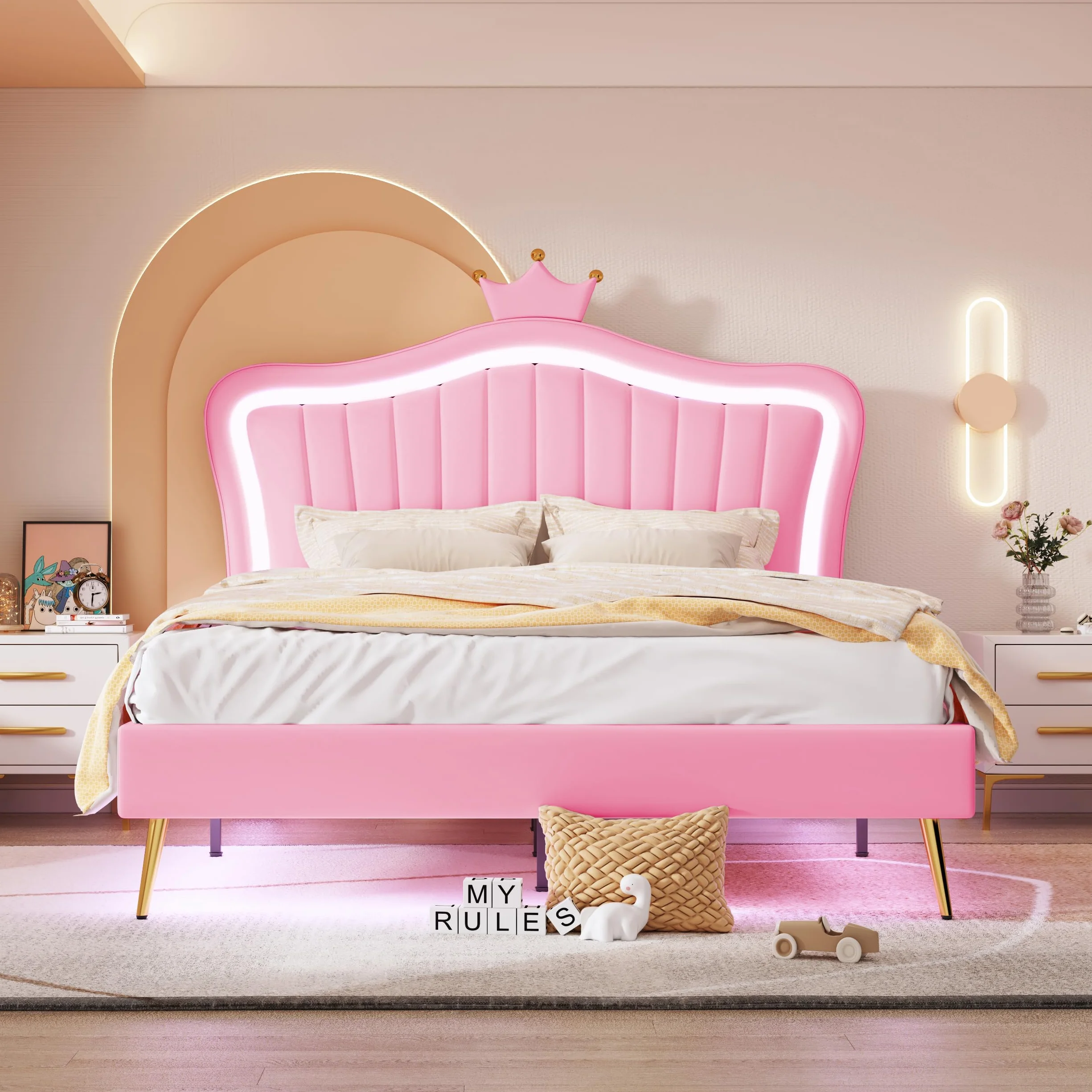 Księżniczka łóżko w kształcie korony 140 x 200 cm, łóżko dziecięce z oświetleniem LED, łóżko tapicerowane dla dziewczynek z oparciem, bez materaca