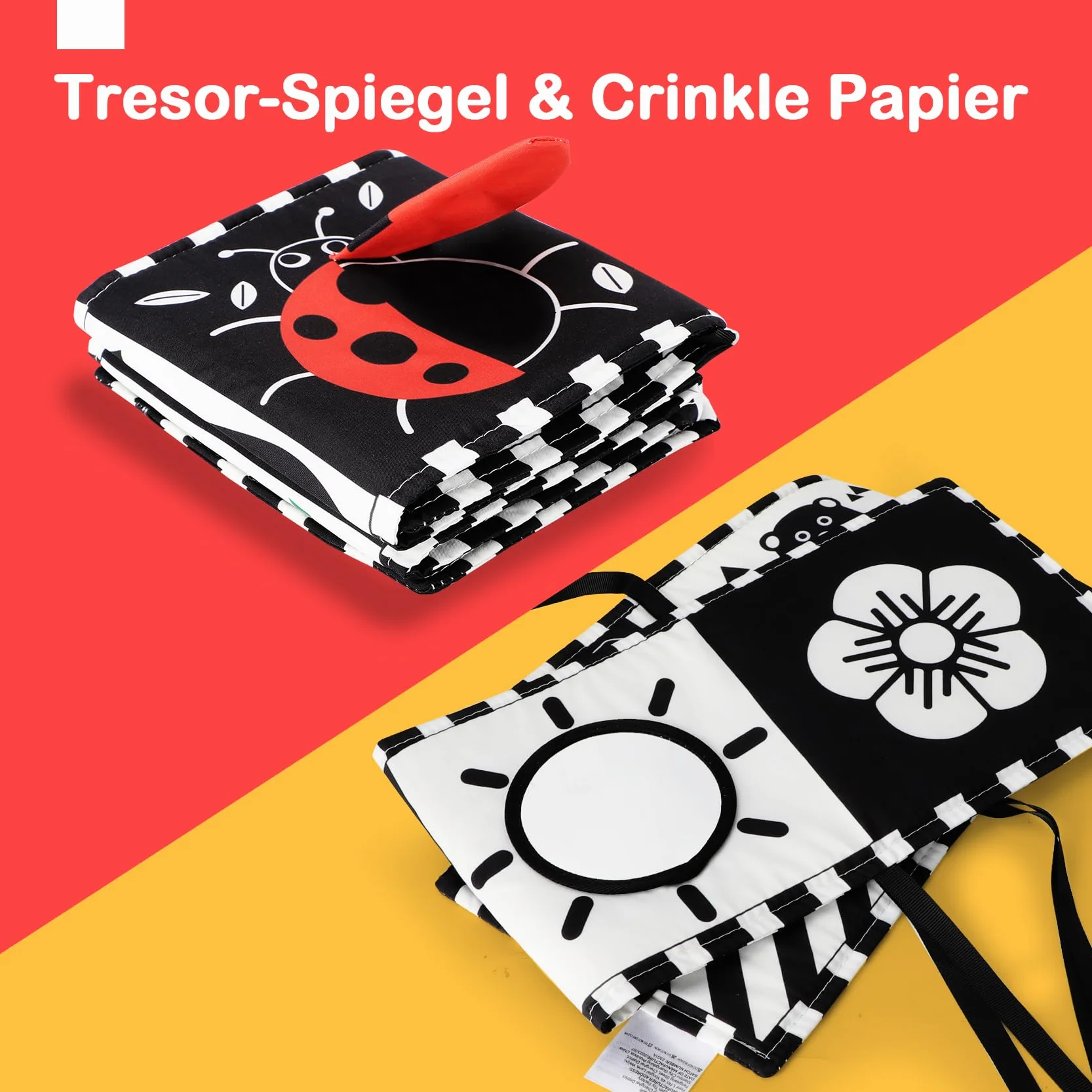 URMYWO Książka kontrastowa dla niemowląt, czarno-biała dwustronna książeczka materiałowa dla niemowląt, miękka książka obrazkowa z materiału z lusterkami, zabawka kontrastowa do wózka dziecięcego dla