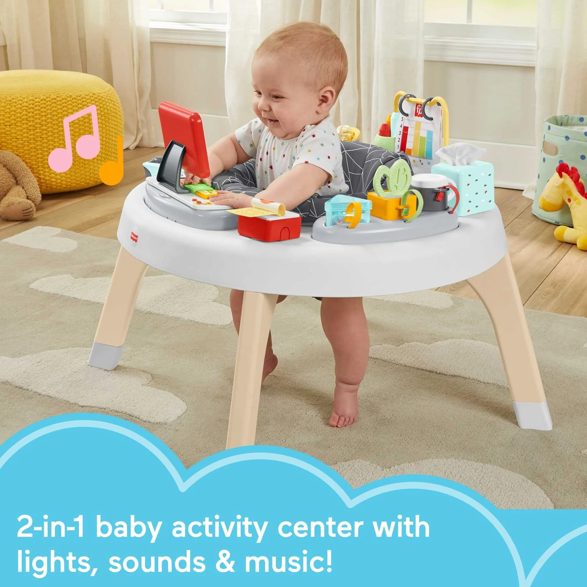 Fisher-Price Mały szef 2 w 1, aktywizujące centrum zabaw dla niemowląt i stoliczek do zabawy z muzyką, światełkami i dźwiękami dla małych dzieci, HBM26