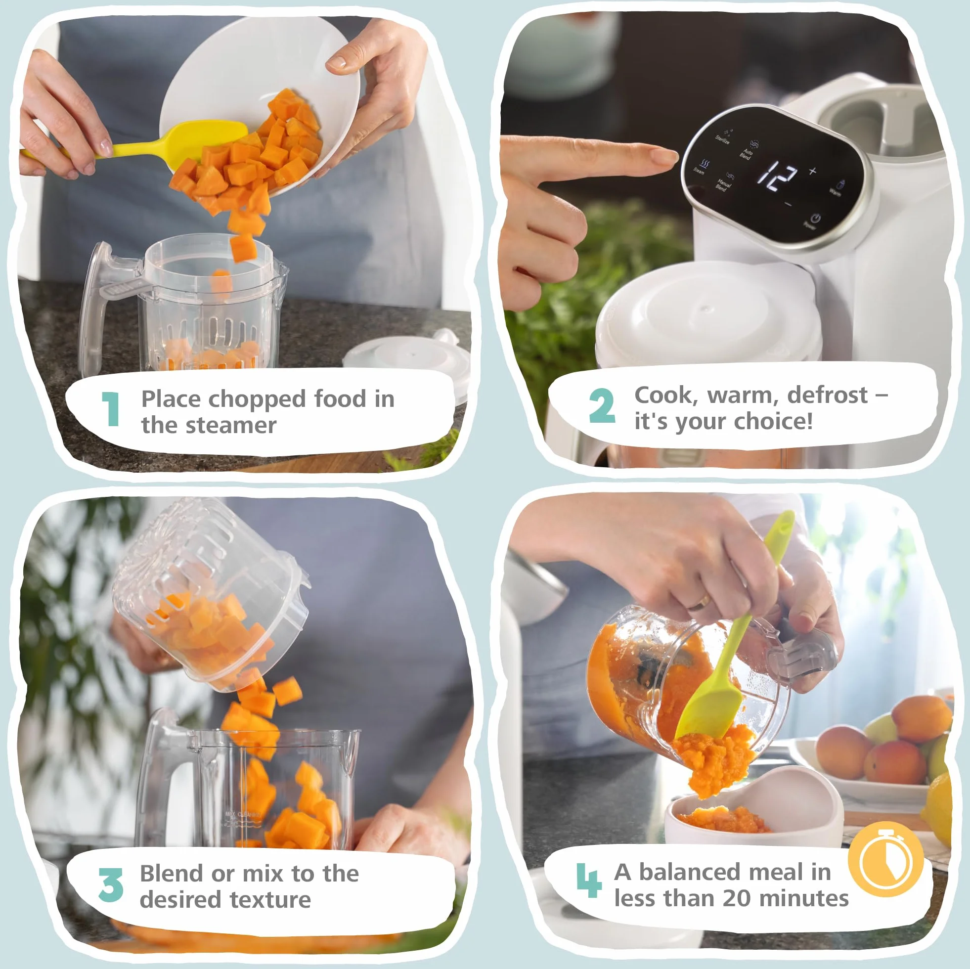 Sweety Fox - Blender z kuchenką dla niemowląt - 7 funkcji - Gotowanie na parze, Blender, Puls, Możliwość czyszczenia, Sterylizacja, Podgrzewanie, Rozmrażanie - Robot Kuchenka dla dzieci
