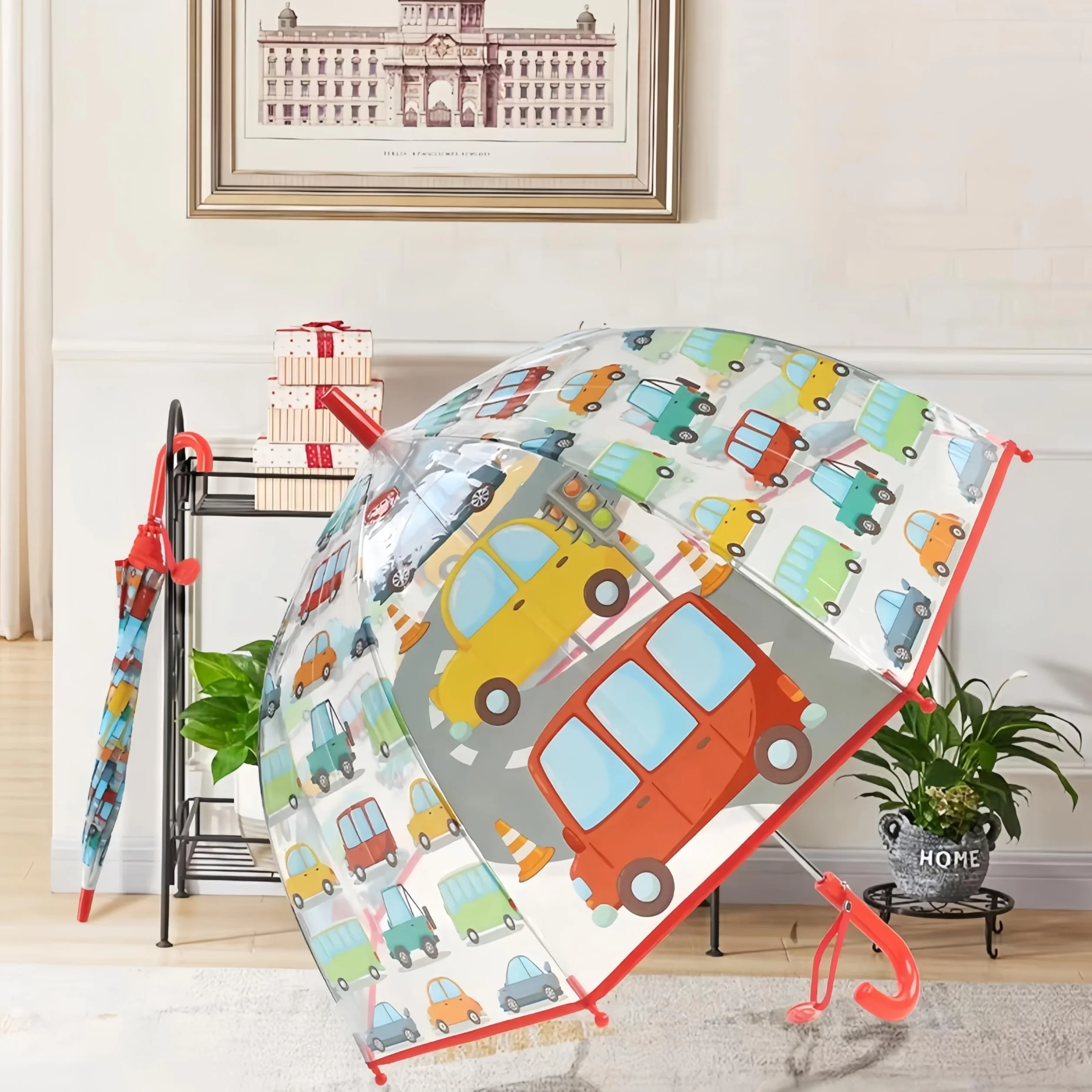 Parasol dziecięcy z dachem kopułowym – lekki, uroczy, zabawny design, ochrona przed wiatrem i deszczem, parasol w kształcie dzwonka, przezroczysty – prezent dla dzieci, Czerwone wózki, small