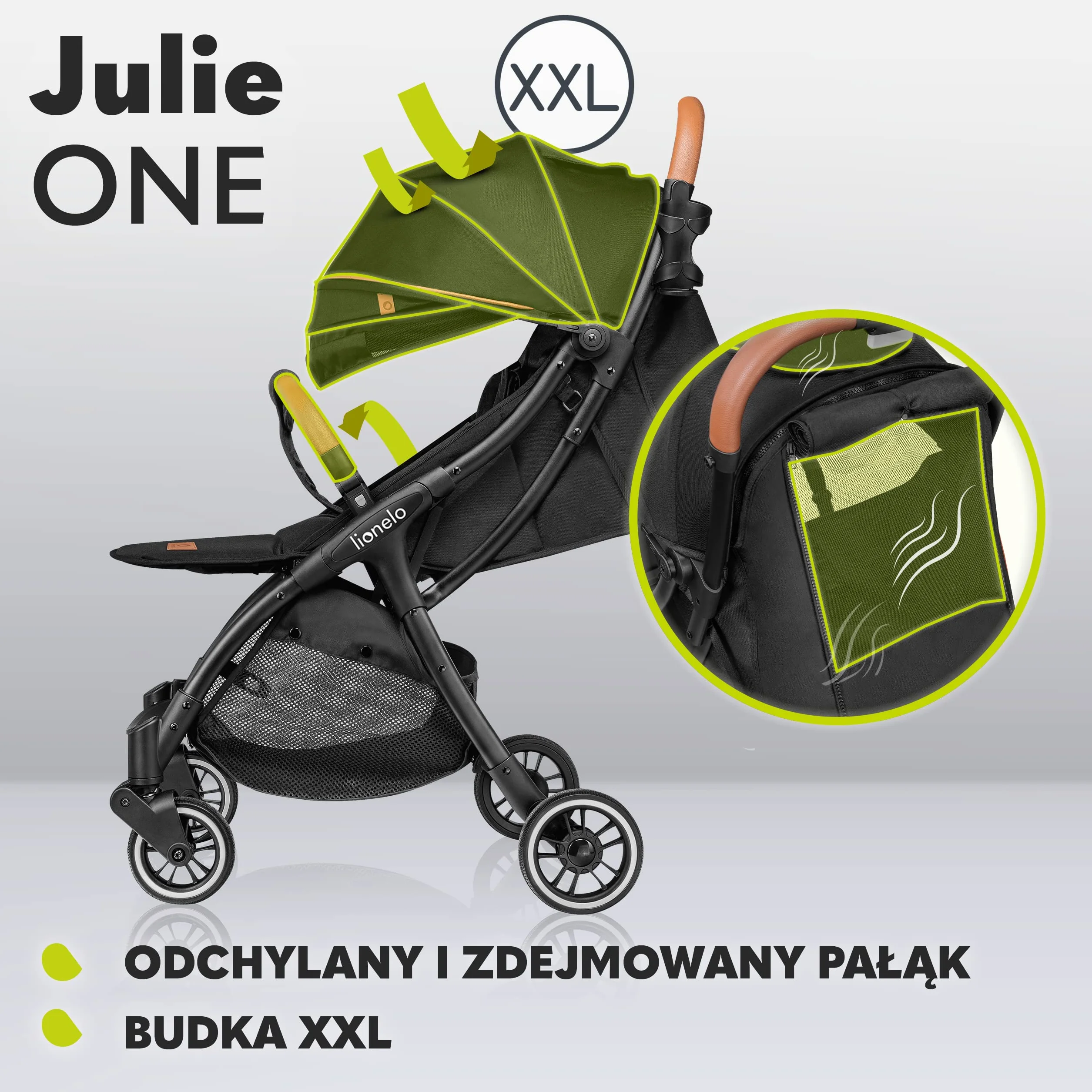 LIONELO Julie One wózek spacerowy do 22kg, regulacja oparcia od pozycji siedzącej do leżącej, regulowany podnóżek, ocieplacz na nóżki, moskitiera, torba do transportu